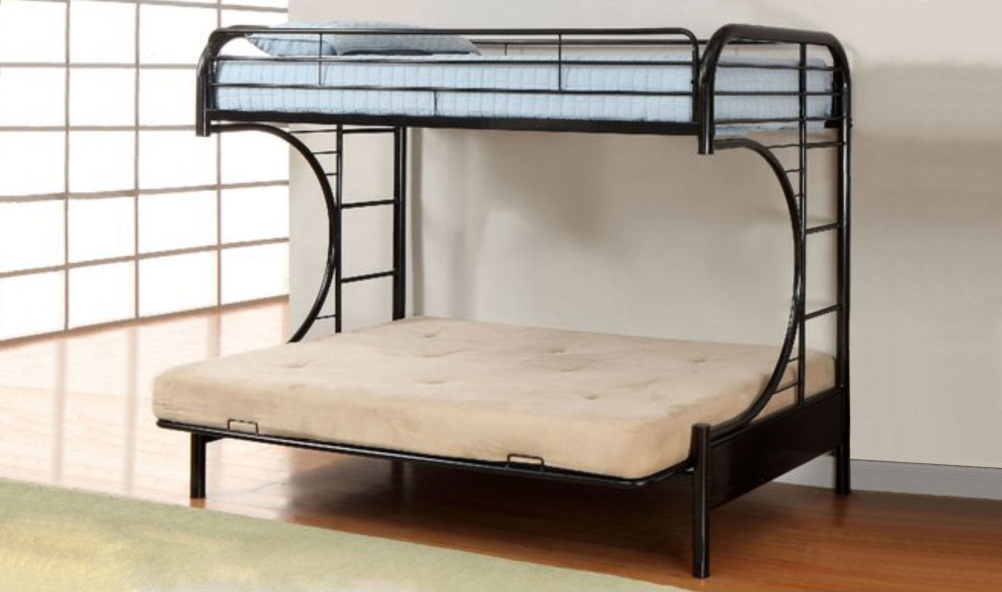 Black Metal Frame Futon Bunk Bed - Space Saving Convertible Sleeper for Kids & Adults - Perfect for Small Bedrooms, Guest Rooms & Dormitories