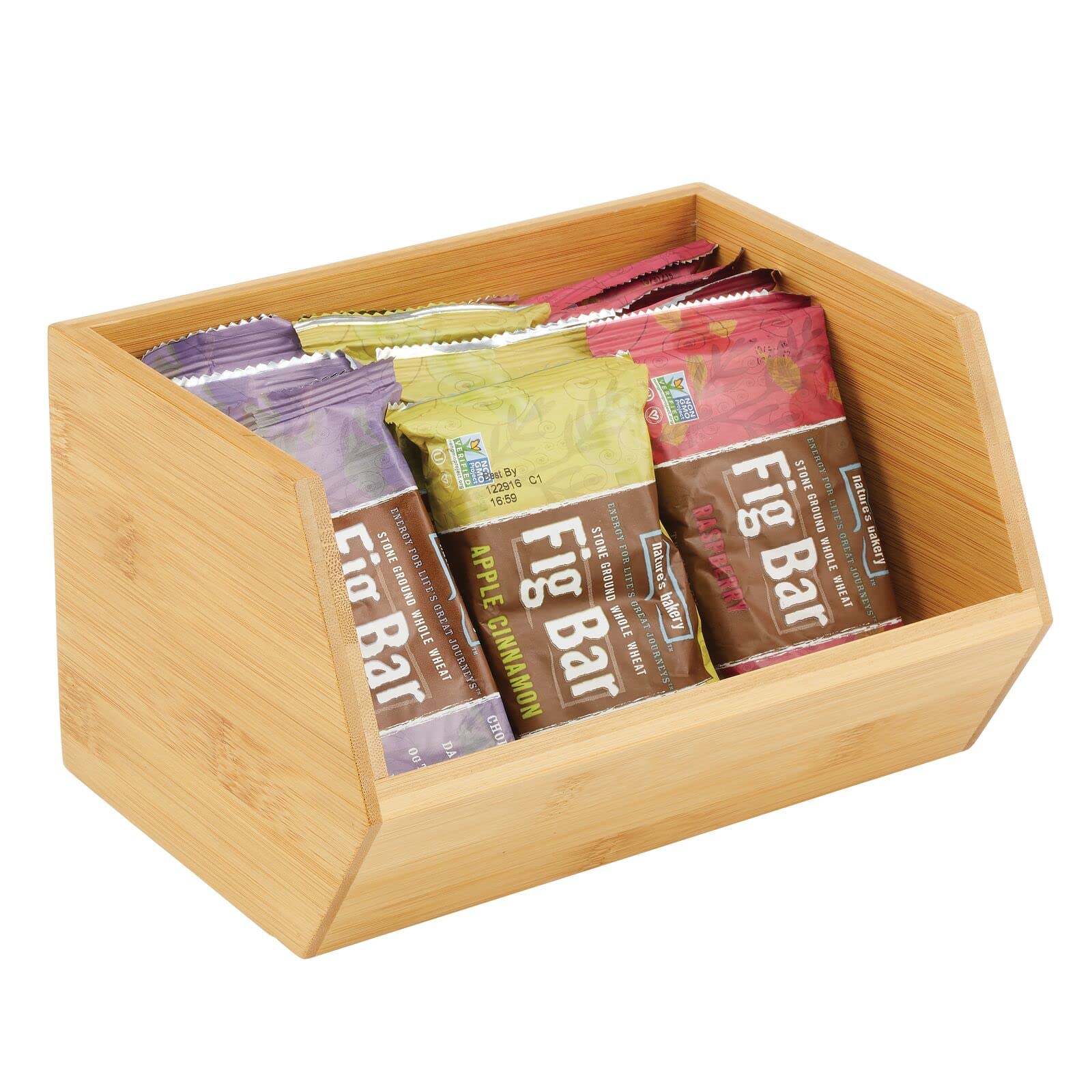mDesign Bamboo Stackable Food Storage Bins - Wide Open Front Organizer for Kitchen Cabinets, Pantry, Office & Closet - Perfect for Snacks, Dry Goods, Spices, Tea Packets - Natural Wood Storage Solution for Home Organization
