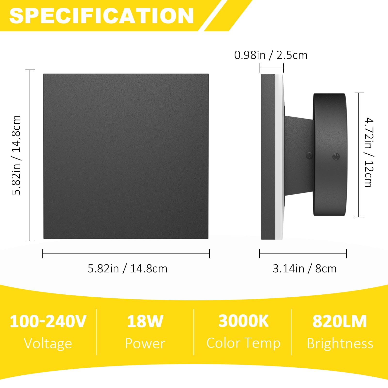 2 Pack Modern LED Wall Sconce Lights - Indoor/Outdoor Black Aluminum Square Porch Lighting for Home, Garden, Patio, Entryway & Hallway - Energy Efficient Waterproof Exterior & Interior Wall Lights