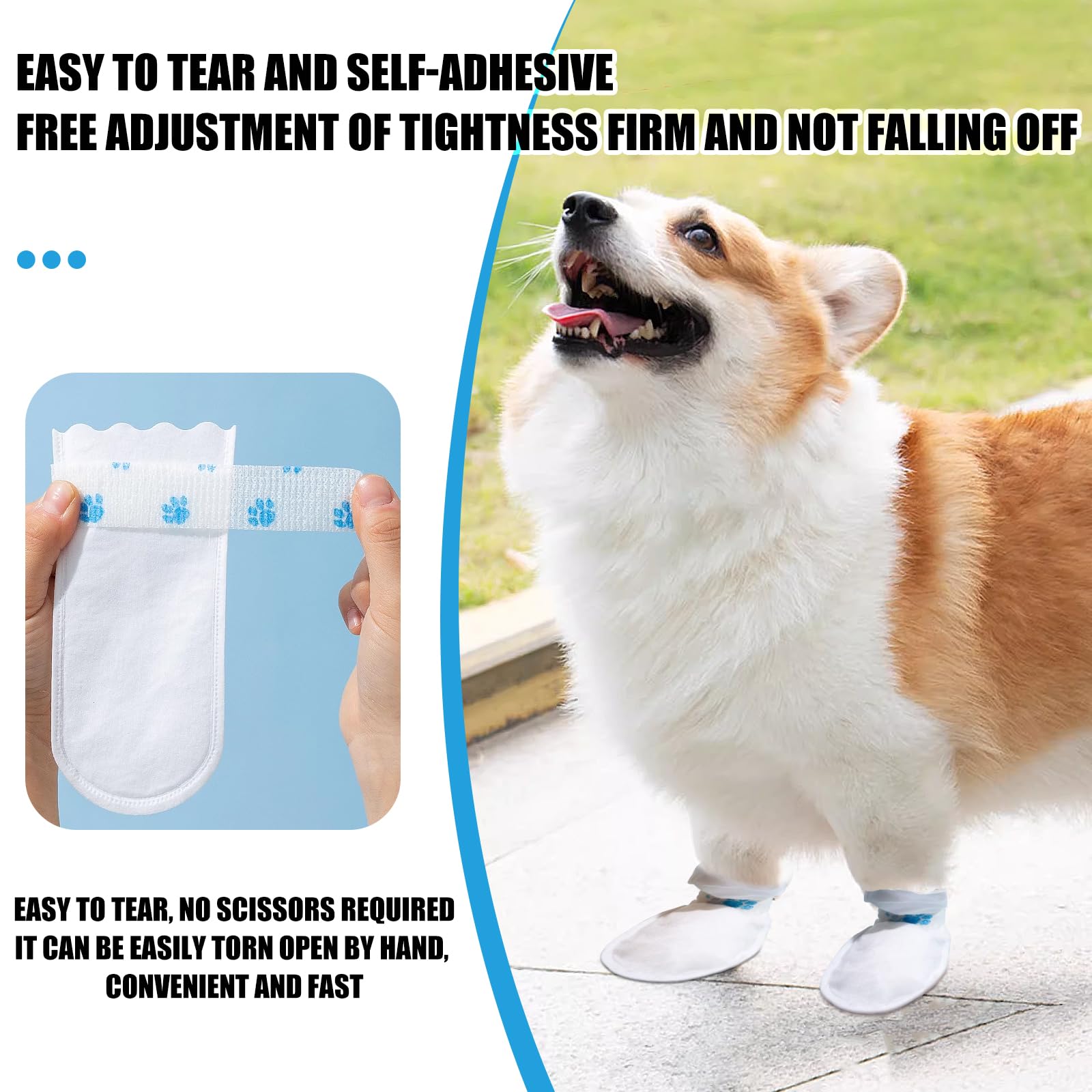 12 Pack Disposable Dog Booties for Paw Protection - Waterproof Pet Shoes for Medium & Large Dogs - Ideal for Wound Recovery, Outdoor Walks & Winter Snow - Includes 1 Roll Dog Paw Bandage (Blue)