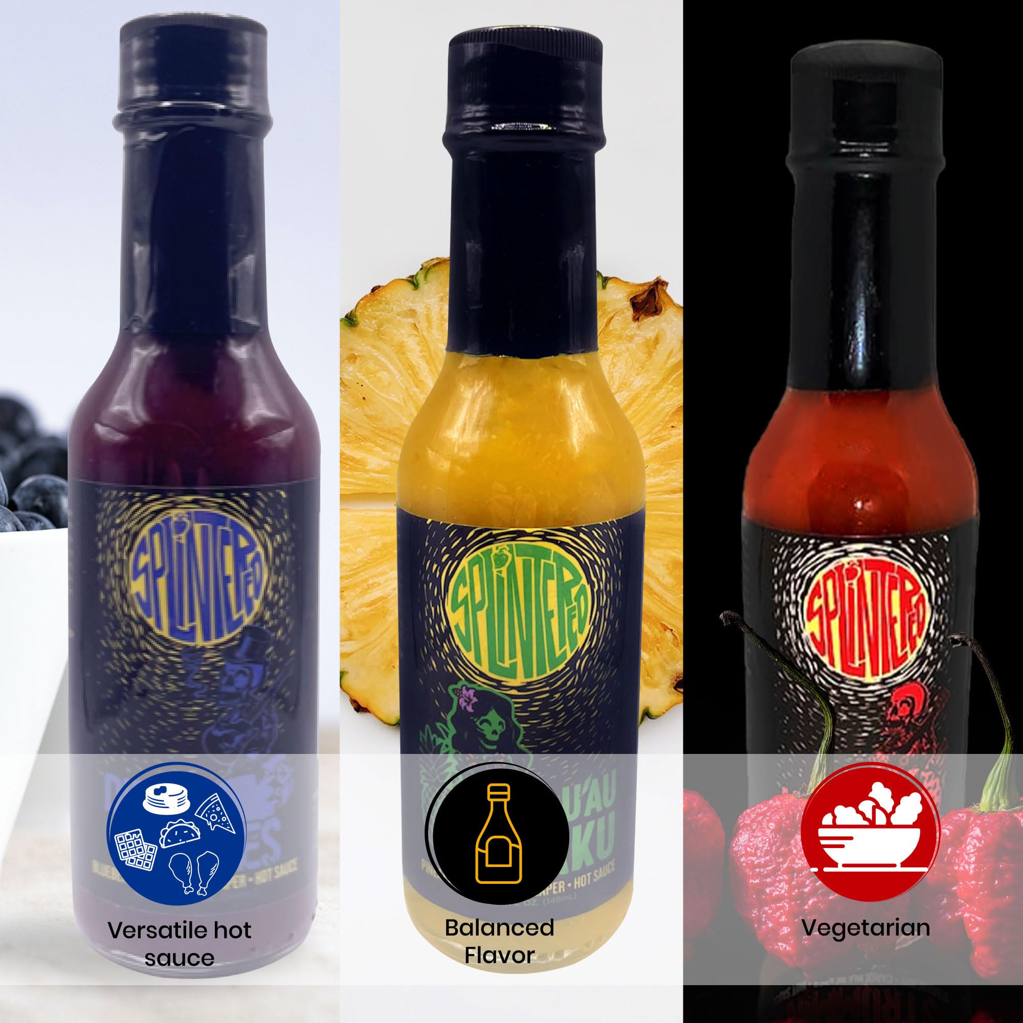 Carolina Reaper Hot Sauce Trio - Blueberry, Strawberry & Pineapple Flavors | Gourmet Spicy Sauce Variety Pack for Dipping, Dressing & Cooking | Perfect for BBQ, Tacos, Wings & Food Gifts