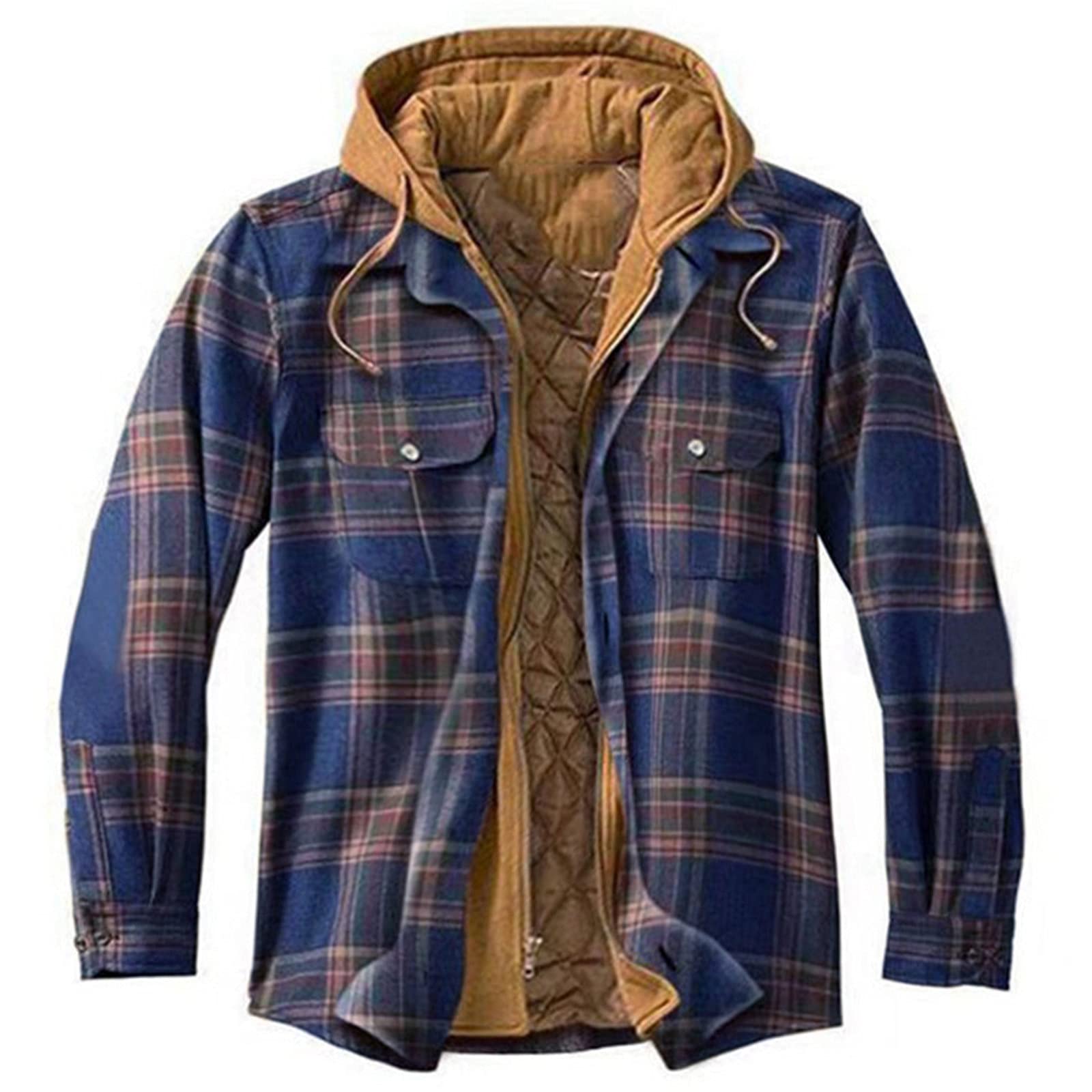 Men's Lightweight Hooded Padded Plaid Jacket with Lapel & Pockets - Loose Fit Shirt Top Coat for Autumn Winter Outerwear | Casual Wear, Outdoor Activities & Layering