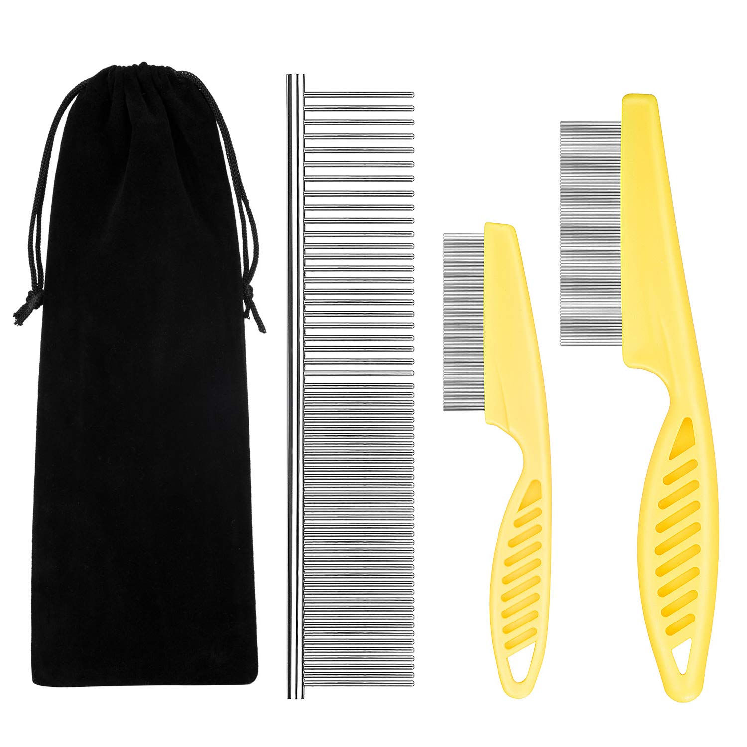 **Durable Metal Flea Comb for Cats & Dogs - 3-Piece Pet Grooming Set with Lice Comb, Tangle Remover & Storage Pouch (Yellow) – Gentle Detangling, Dandruff & Tear Stain Removal for Healthy Pet Coat**    *(Perfect for Daily Grooming, Removing Fleas, Lice & Tangles – Ideal for Long & Short-Haired Pets at Home or Travel)*