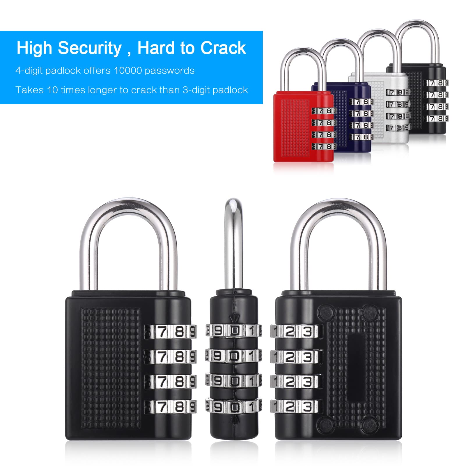 JIANTA 4 Pack Combination Lock - 4 Digit Resettable Outdoor Waterproof Padlock for School, Gym Locker, Luggage, Backpack, Suitcase, Toolbox - Black Red Silver Blue - Secure Travel & Storage Solution
