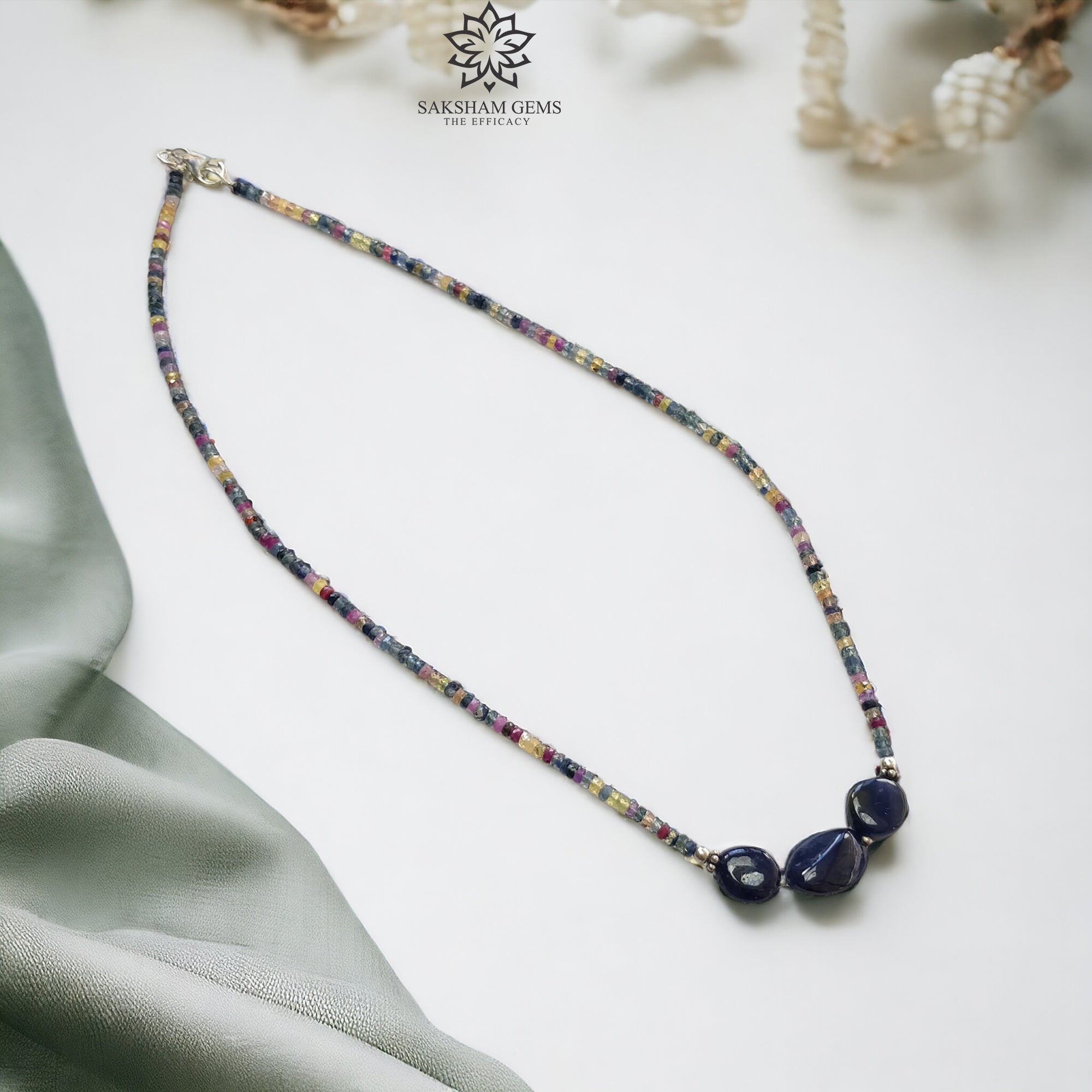 Natural Blue & Multi Sapphire Beads Necklace - 10.34gms Untreated Sapphire Gemstone Jewelry, 925 Sterling Silver Faceted Beaded Necklace for Women, 16 Inch, Perfect for Weddings, Parties & Gift Giving