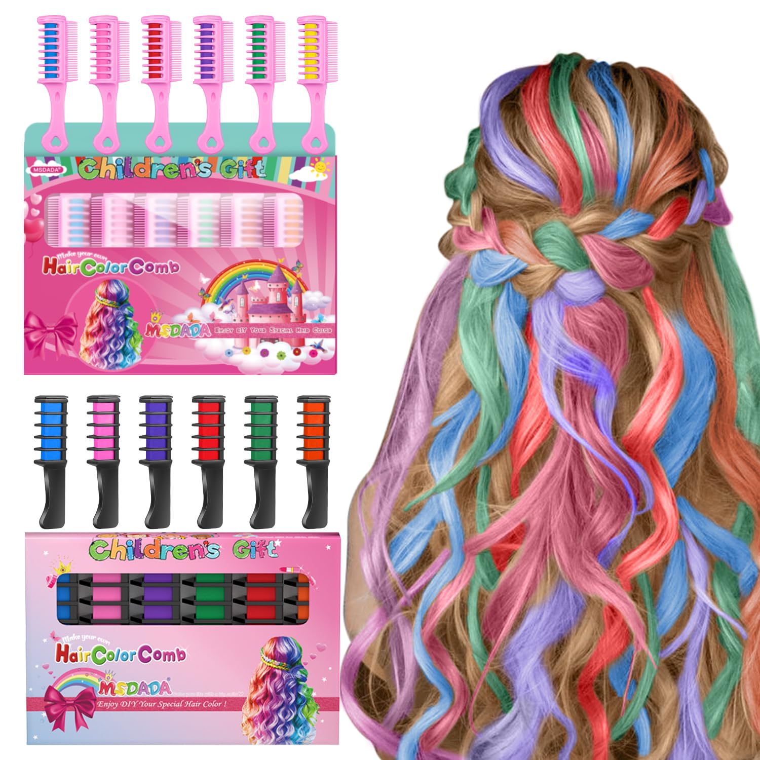 Washable Temporary Hair Chalk Comb - Non-Toxic Hair Color Dye for Kids & Girls Age 4-12 | Fun DIY Birthday, Christmas, Cosplay & Party Accessories (6+6 Colors) | Great for Costumes, School Events & Creative Play