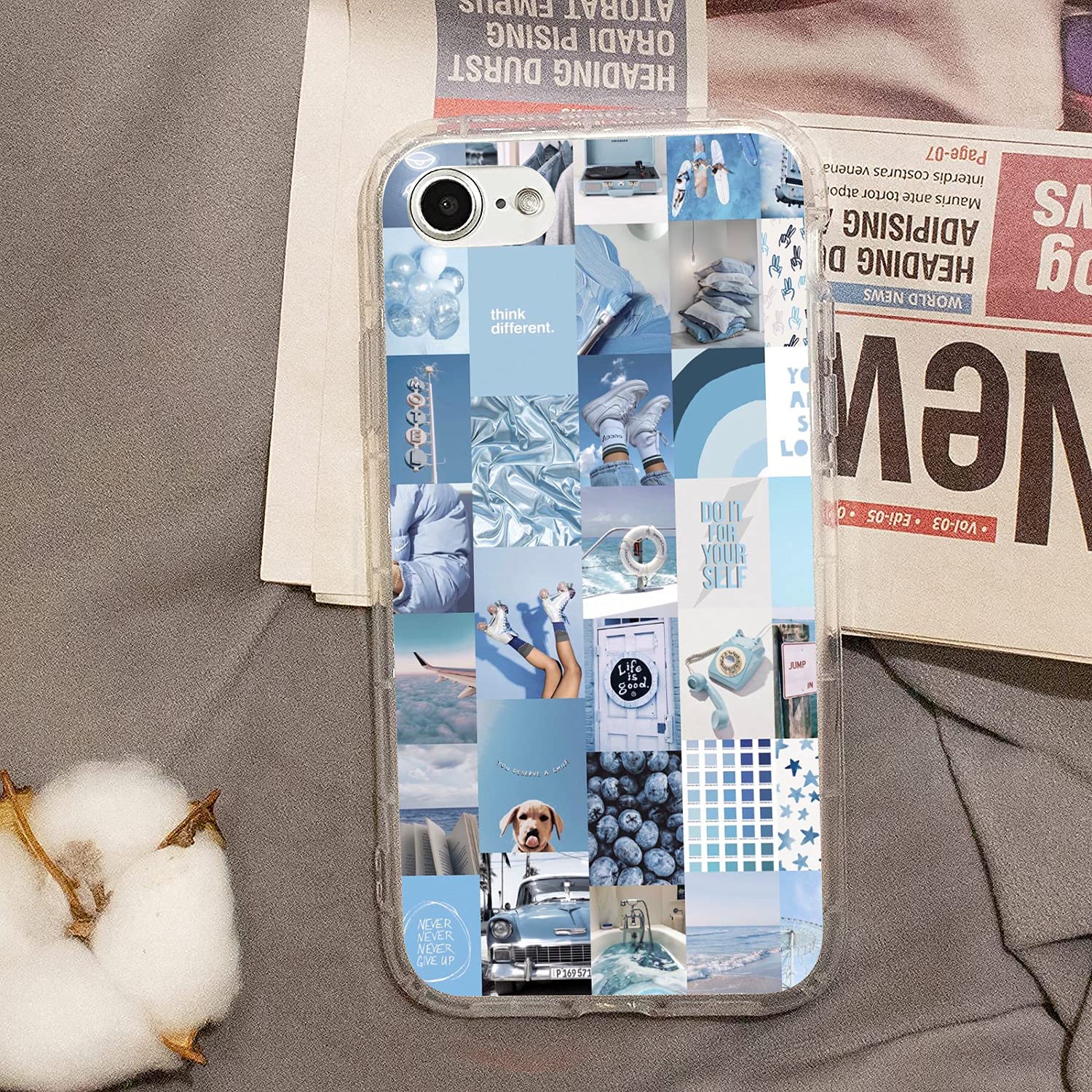 Aesthetic Clear Shockproof iPhone 7/8/SE Case - Vibe Beach Blue Collage Design Protective Cover | Perfect for Women & Girls | Great for Daily Use, Travel & Photo Shoots
