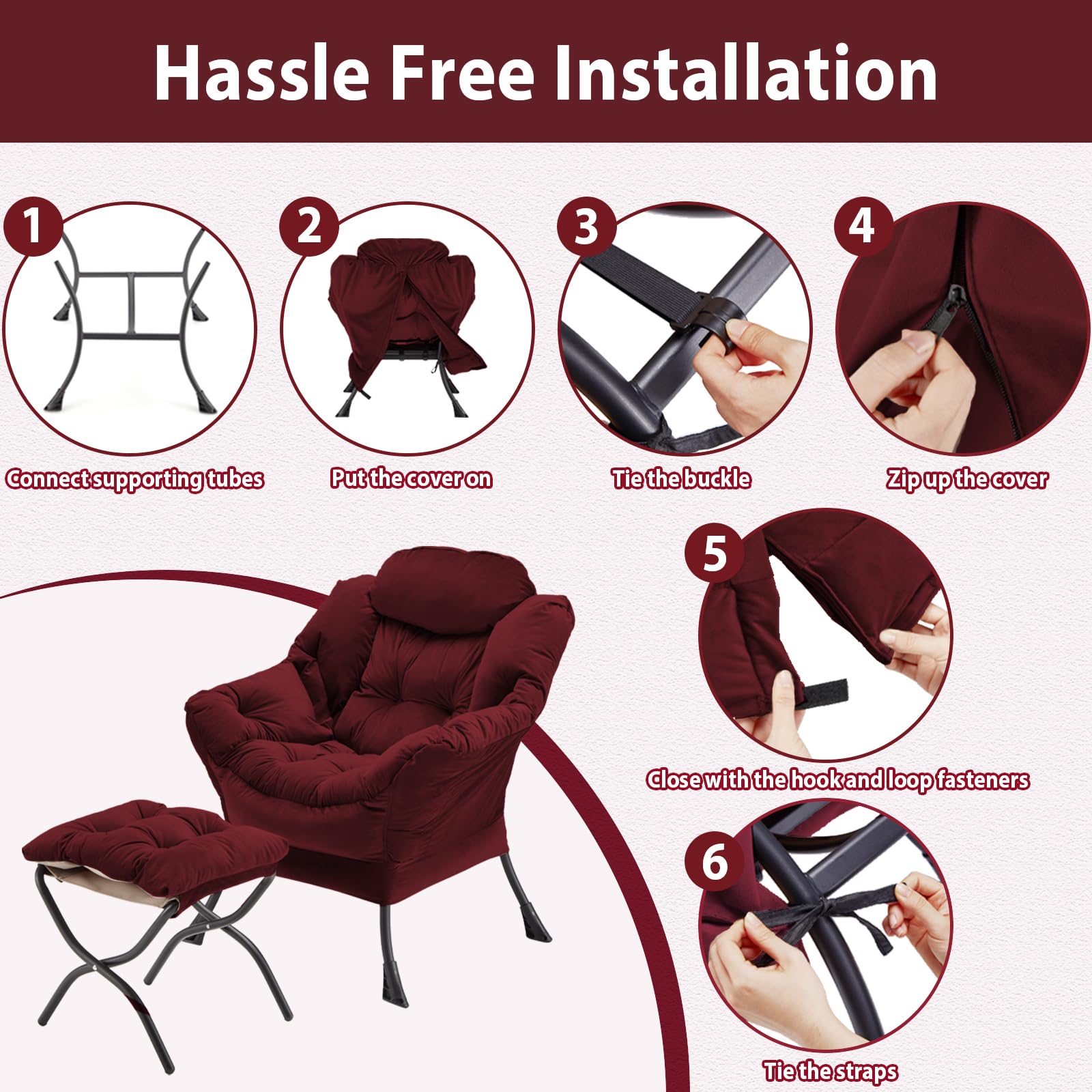 Velvet Upholstered Lazy Chair with Folding Ottoman - Modern Accent Armchair with Metal Frame, Non-Slip Pads & Side Storage Pocket - Comfortable Footrest Sofa for Living Room, Bedroom, Office & Dorm - Burgundy