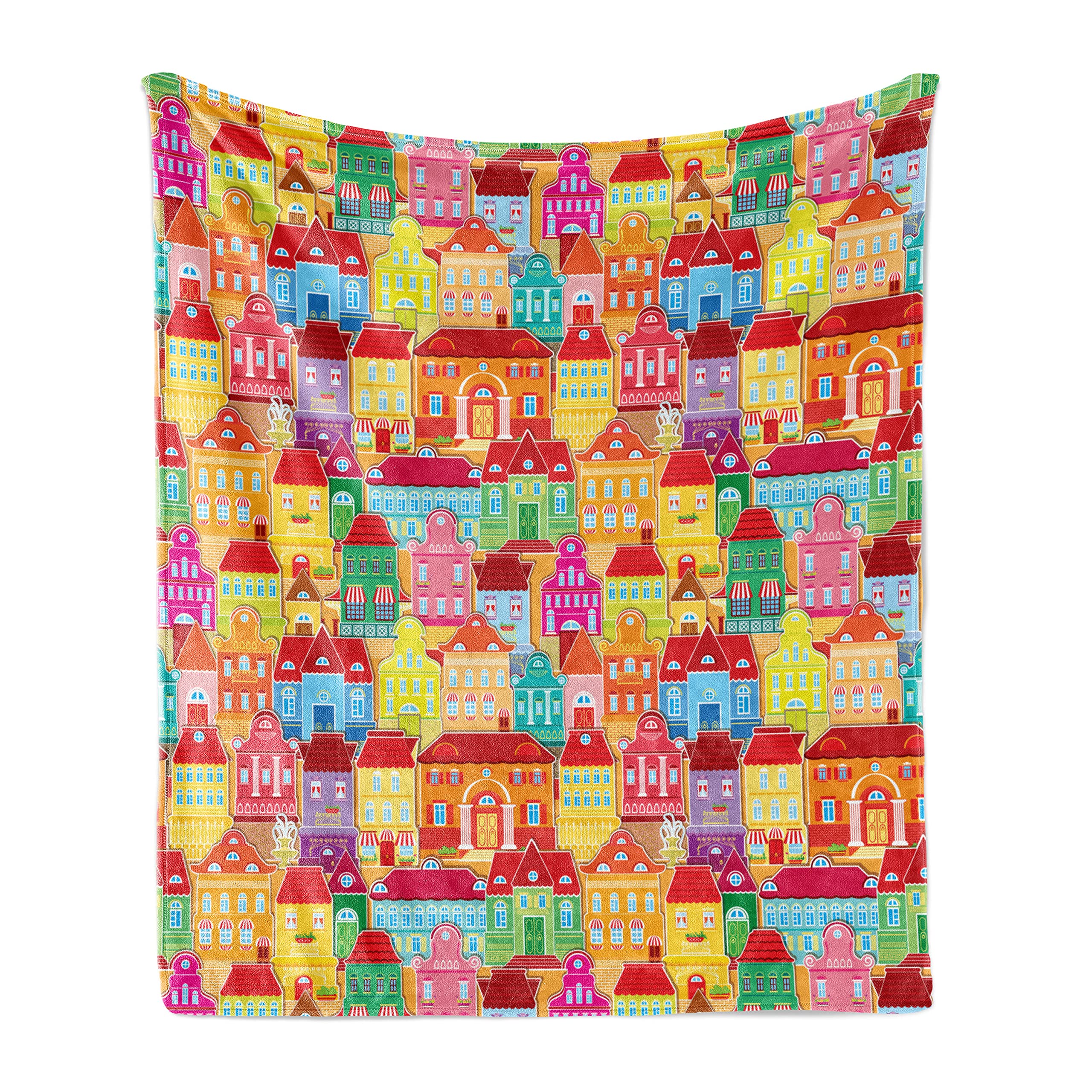 Ambesonne Cityscape Cartoons Throw Blanket - Soft Flannel Fleece European Architecture Art Blanket with Pillars & Fountains Urban View - 50