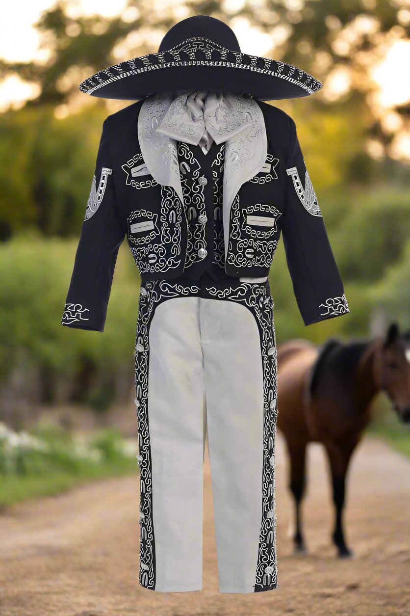 Authentic Mexican Charro Suit 6-Piece Set for Men - Elegant Black & Gray Traditional Mariachi Costume - Perfect for Cinco de Mayo, Weddings & Cultural Performances
