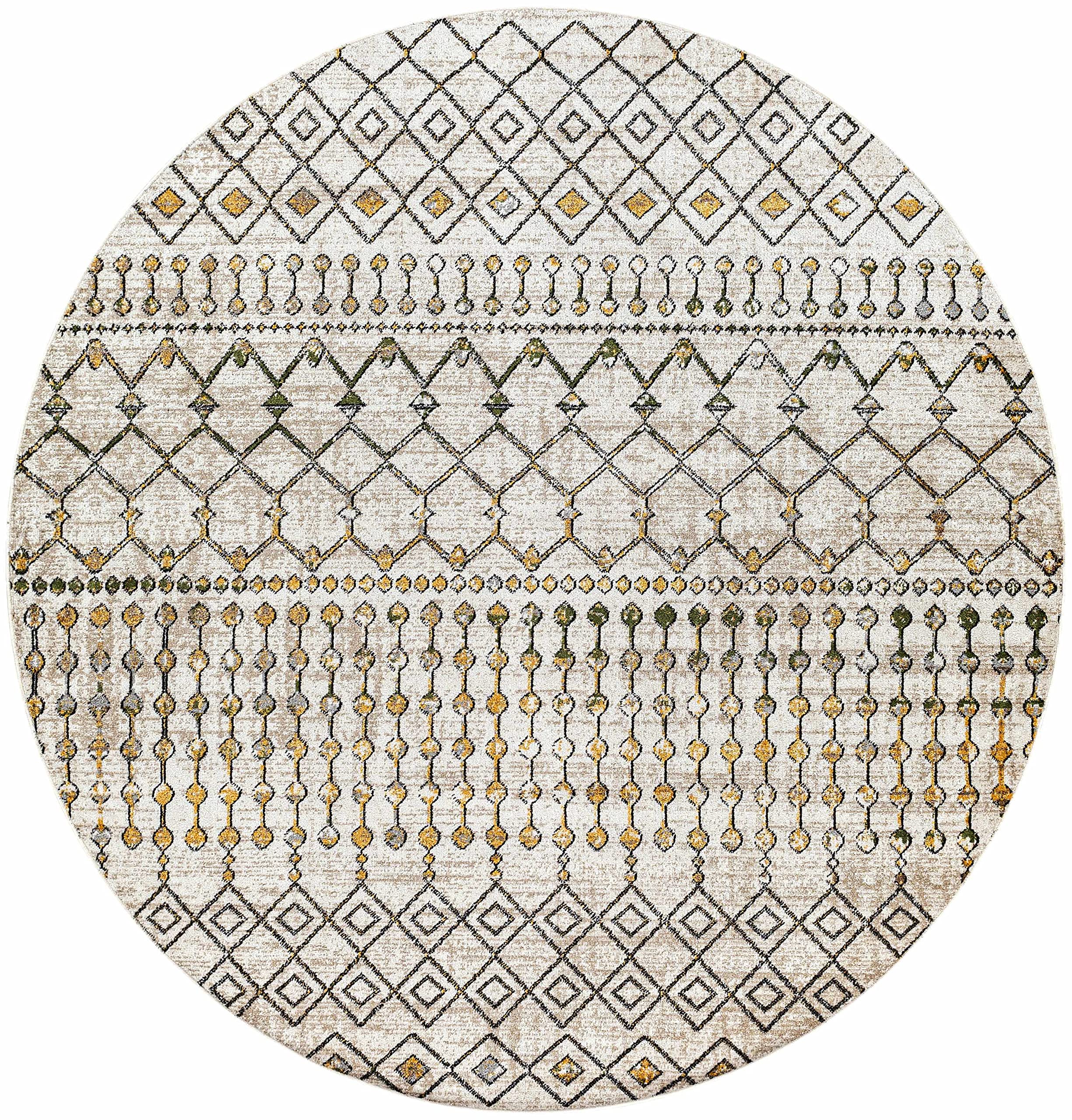 Hauteloom Alanyurt Washable Round Area Rug - Soft Living Room & Bedroom Carpet - Black, Gray, Beige - 6'7
