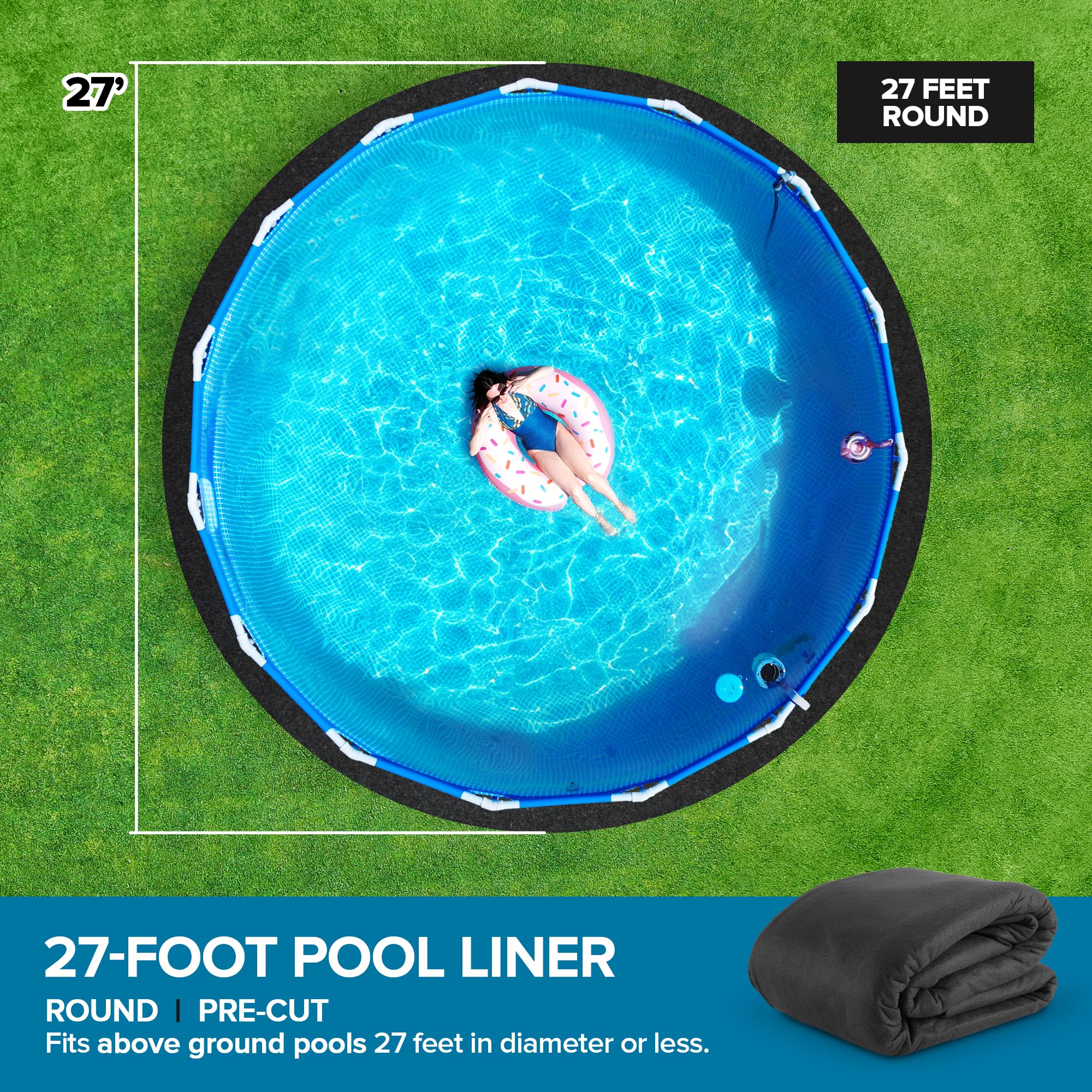 Heavy Duty 27' Round Above Ground Pool Liner Pad - Pre-Cut Black Swimming Pool Mat for Puncture Protection | Durable Outdoor Pool Padding for Inground Pools, Backyard Swimming Pools & Family Water Activities