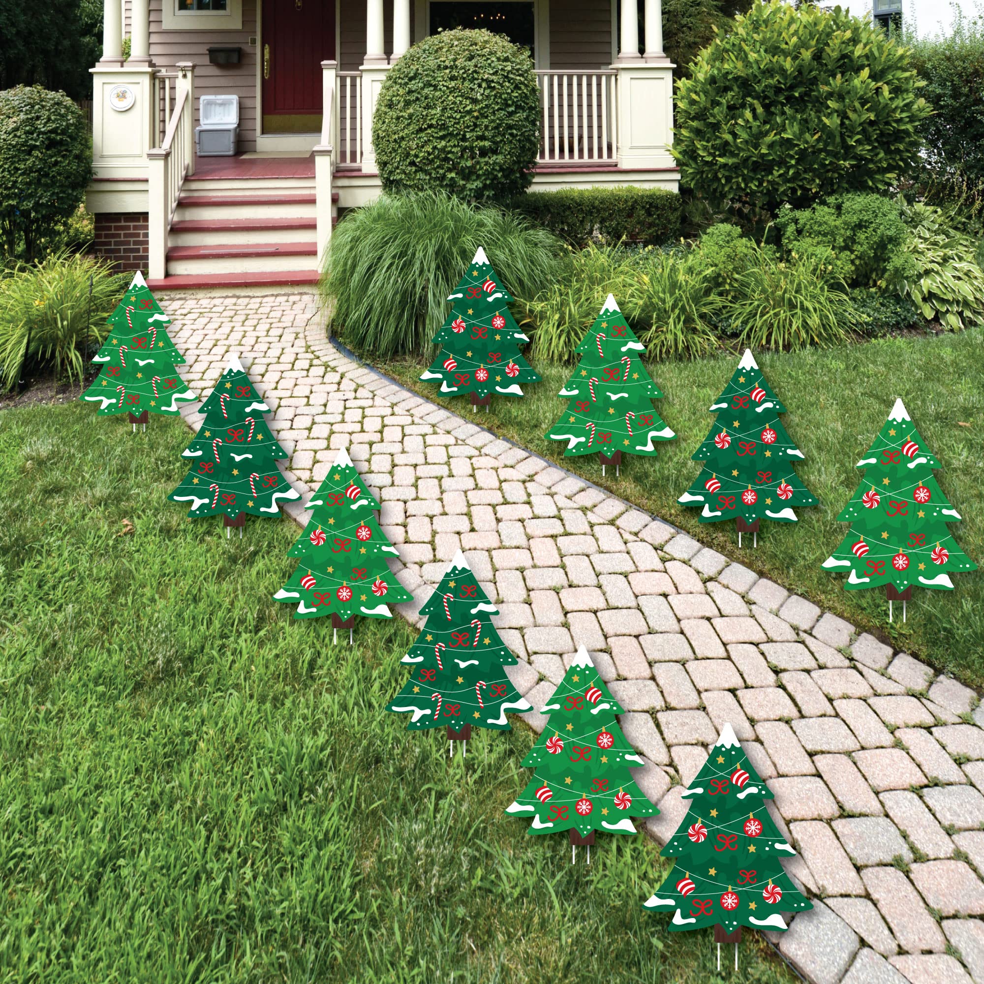 Big Dot of Happiness Snowy Christmas Trees - Classic Outdoor Holiday Lawn Decorations for Christmas Party & Yard Decor - 10 Piece Set - Perfect for Front Yard, Garden, and Festive Seasonal Displays