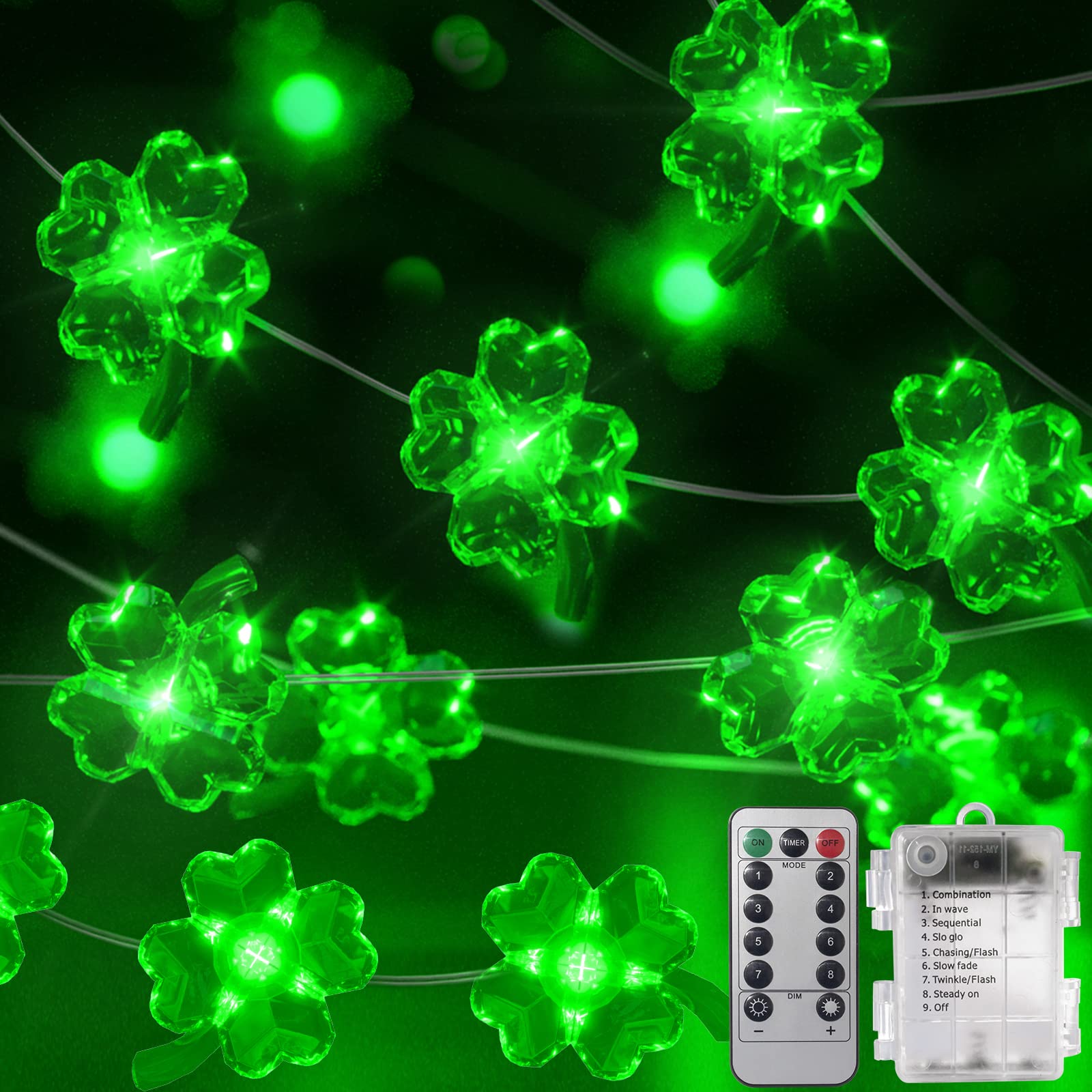 St. Patrick's Day Decorations - 13FT Green Battery Operated LED Shamrock String Lights with Remote Control | Indoor/Outdoor Party Decor for St. Patrick's Day, Irish Themed Events & Home Celebration