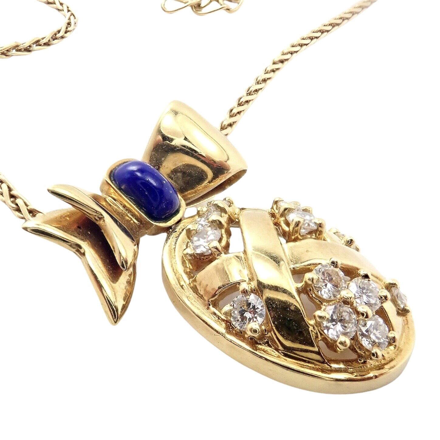 Authentic Christian Dior 18k Yellow Gold Lapis Diamond Egg Pendant Necklace - Luxury Jewelry Gift for Women, Perfect for Weddings & Special Occasions
