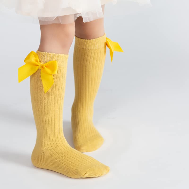 Little Girls' Knee High Socks with Bow Stitching - 6 Pack Cotton Dress & Casual Long Stockings for School, Party, and Everyday Wear (6 Colors)