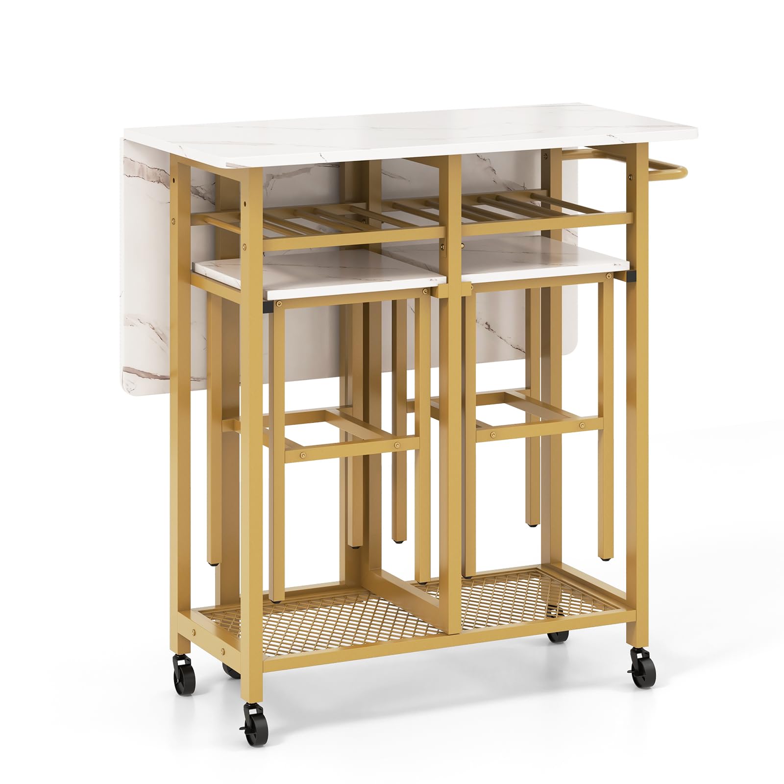 Giantex 3-Piece Extendable Folding Dining Table Set with 2 Stools, 6-Bottle Wine Rack & Storage Shelves - Space Saving Kitchen Table for Small Apartments, Breakfast Nooks & Compact Dining Areas