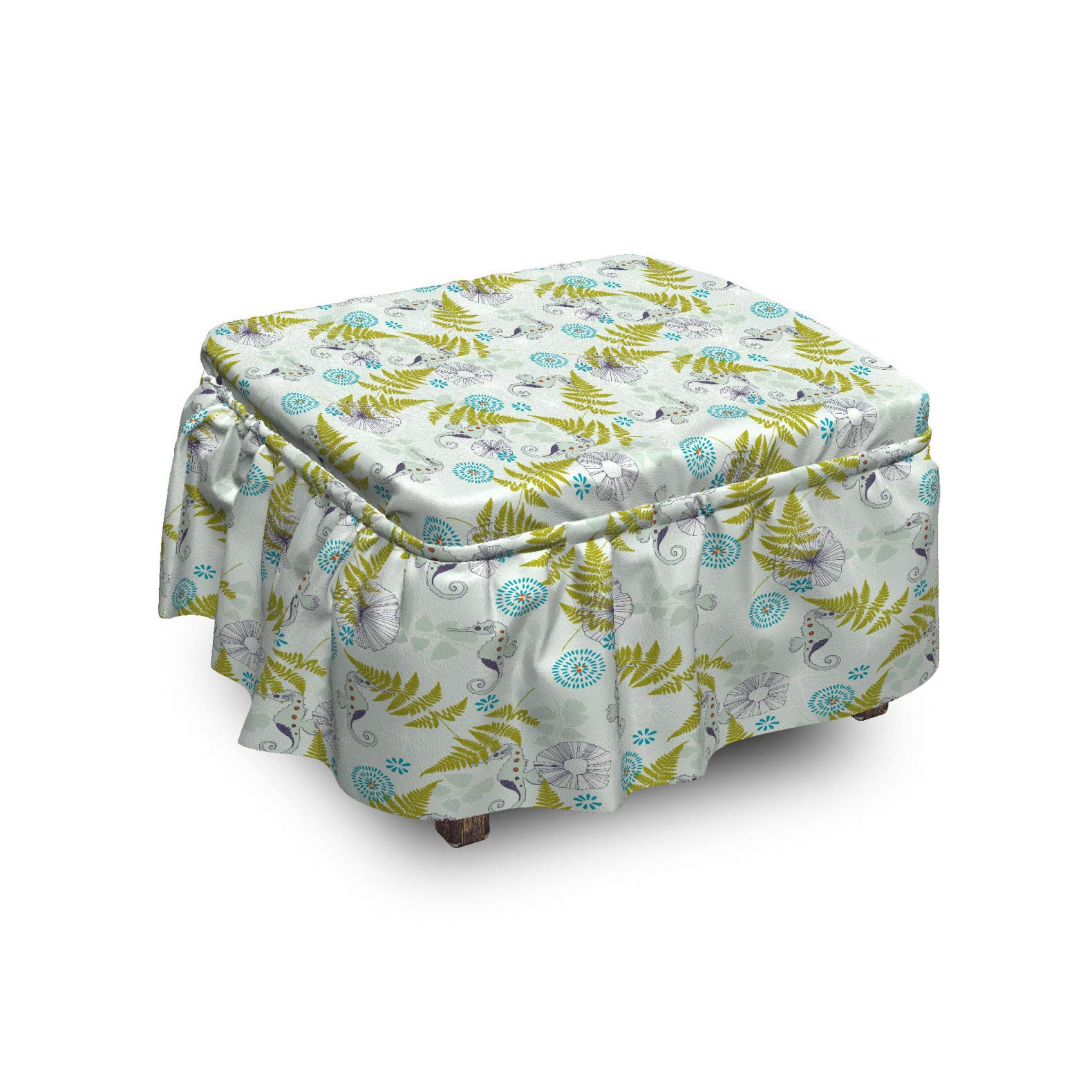 Ambesonne 2-Piece Ottoman Slipcover Set with Ruffle Skirt - Seahorse & Fern Pattern Square Round Cube Footstool Cover - Standard Size Almond Green & Apple Green - Perfect for Living Room, Bedroom, Nursery Decor