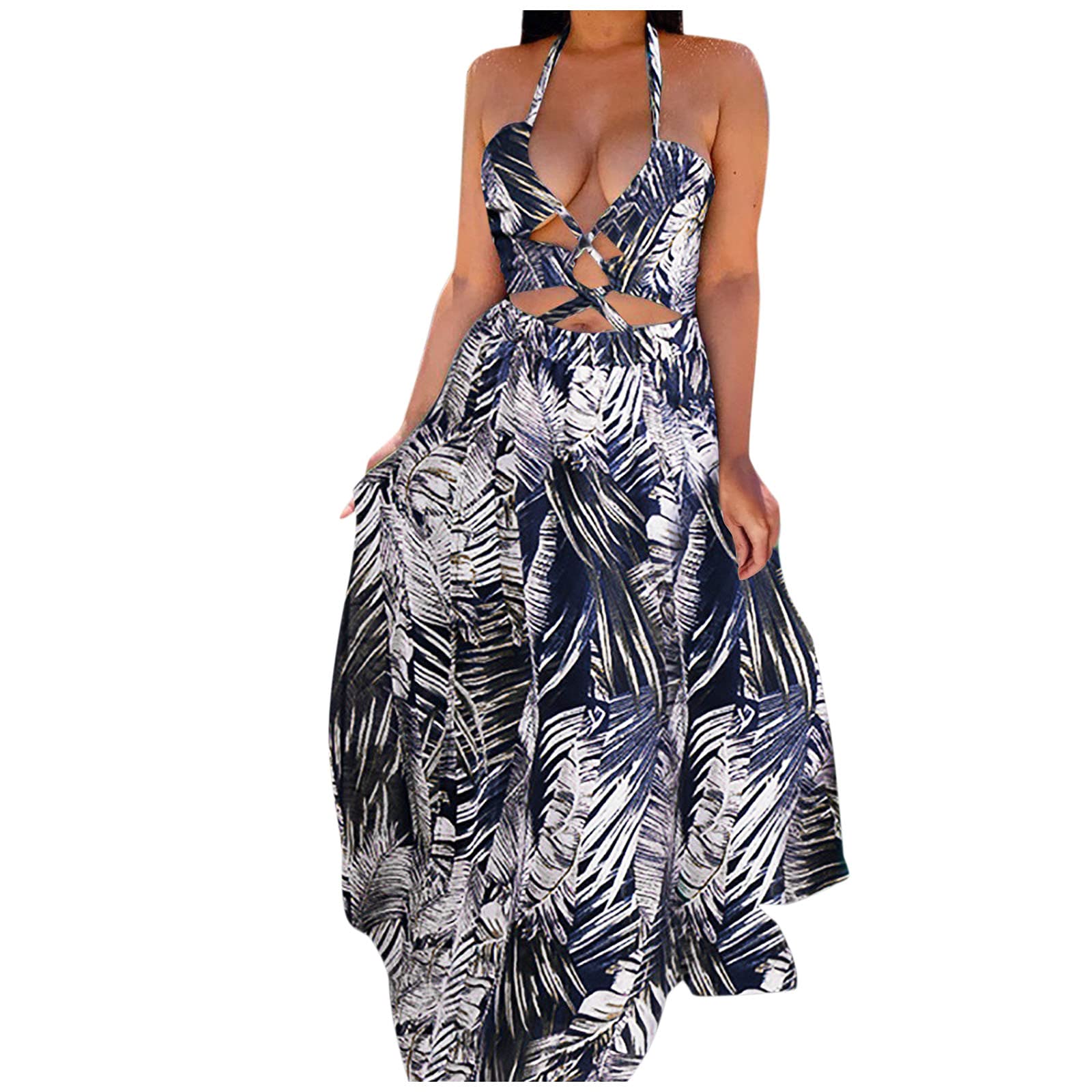 Floral Print Women's Maxi Dress - Halter Neck & Split for Party & Beach