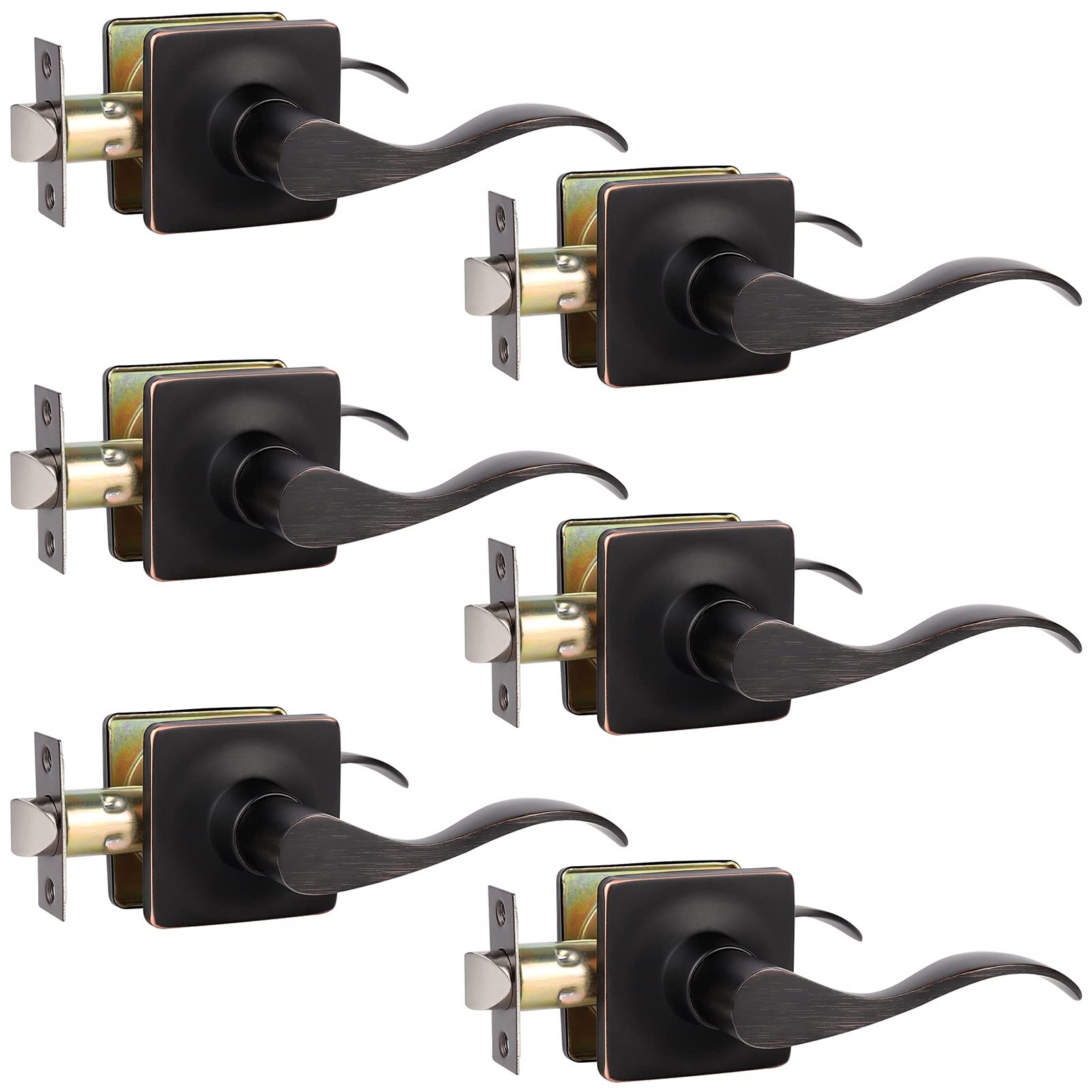 GobeKOR 6 Pack Oil Rubbed Bronze Keyless Passage Lever Door Handle with Lock - Square Interior Door Lever for Bedroom, Bathroom & Closet - Easy Installation & Secure Privacy Lock