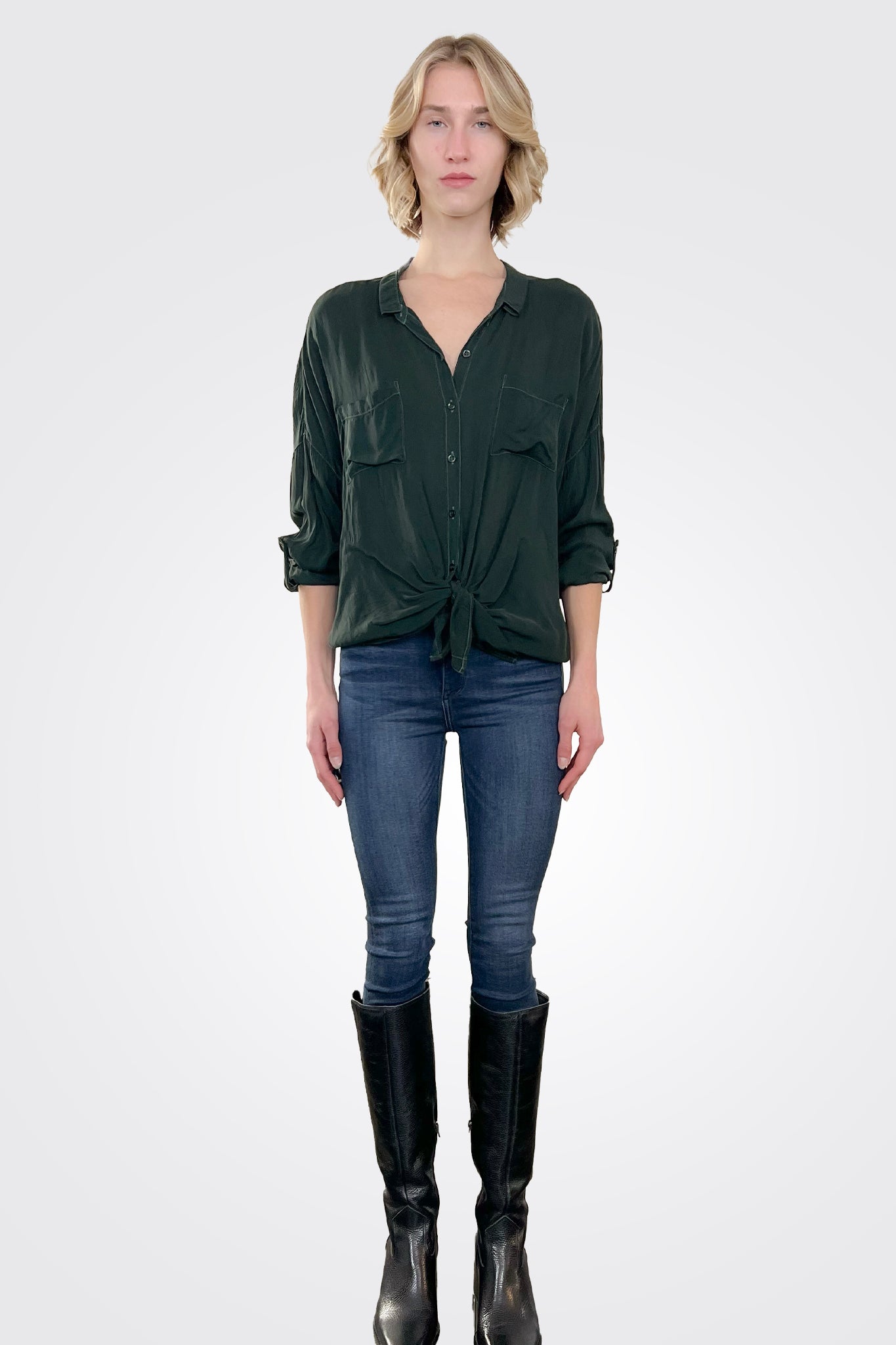 Cargo Pocket Tie Front Top Women's Casual Shirt - Hunter Green | Stylish & Comfortable for Work, Travel & Everyday Wear