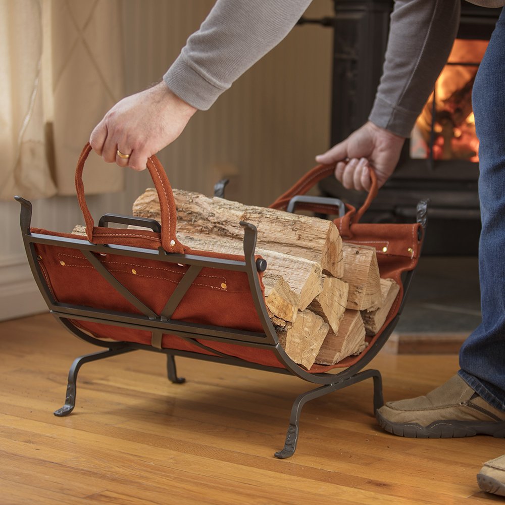 Uniflane Olde World Iron Firewood Log Holder with Suede Leather Carrier - Rustic Fireplace Accessory for Indoor/Outdoor Use - Perfect for Firewood Storage by Fireplace, Patio or Camping