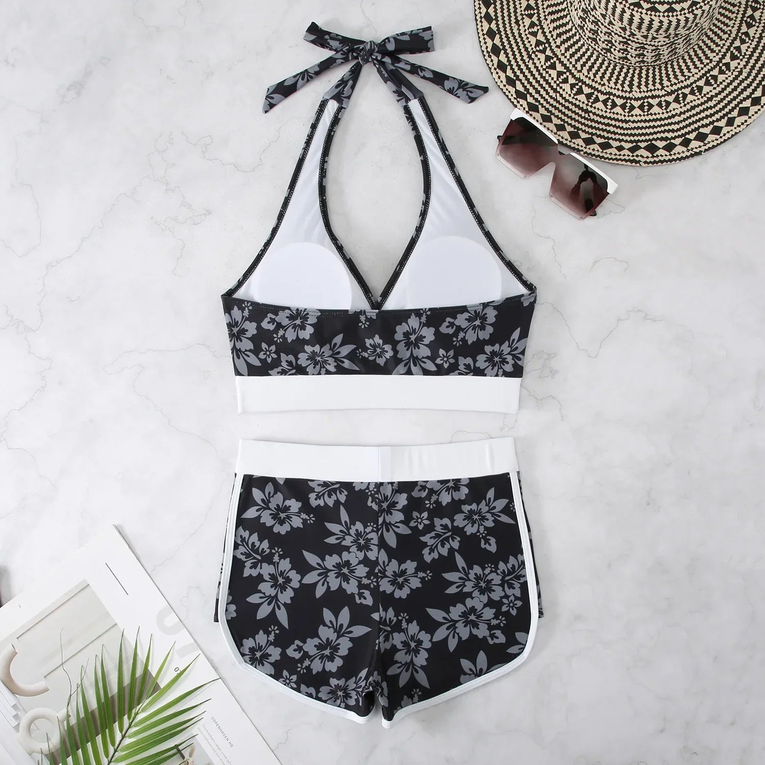 Women's Sexy High Waist V-Neck 2 Piece Tankini Bikini Set with Flower Print & Suspender Halter - Perfect for Summer Beach Vacations, Pool Parties, and Tropical Getaways