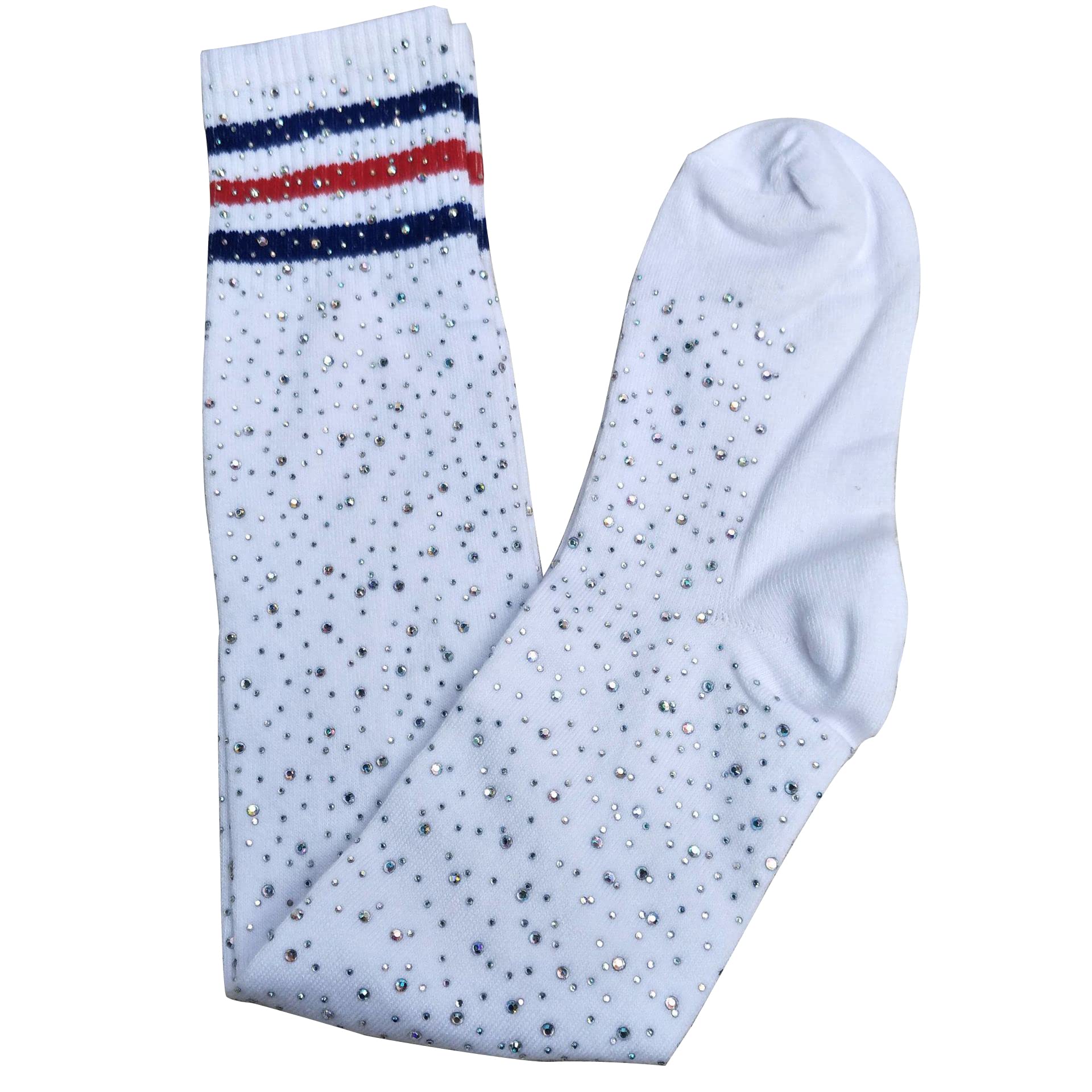Sexy Sparkle Rhinestone Over Knee High Socks for Women - Long Casual & Party Stockings (White, Red & Blue Stripe) - Perfect for Cosplay, Festivals & Night Out
