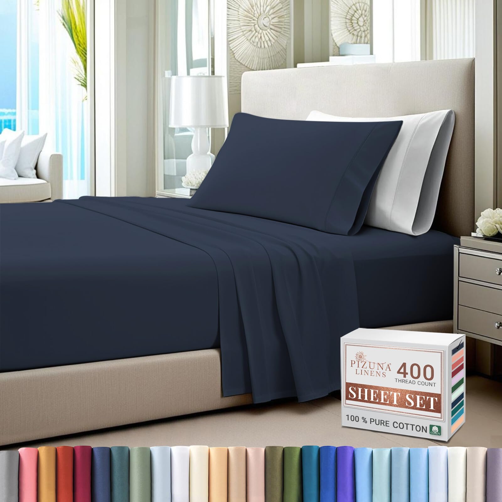 Pizuna Pure 100% Cotton Twin Size Bed Sheets - 400 Thread Count Long Staple Cotton Sateen with 15