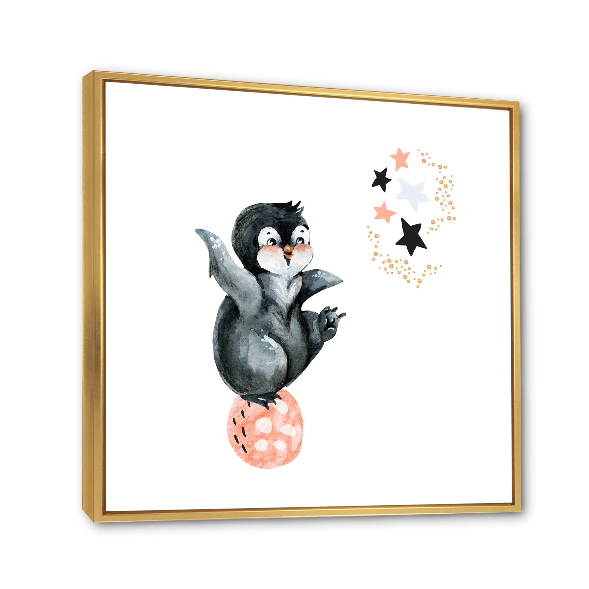 DesignQ Little Penguin With Stars and Planets II - Framed Canvas Wall Art Print for Nursery, Kids Room Decor, Farmhouse Style Home Decor - Perfect for Baby Shower Gifts & Children's Bedroom