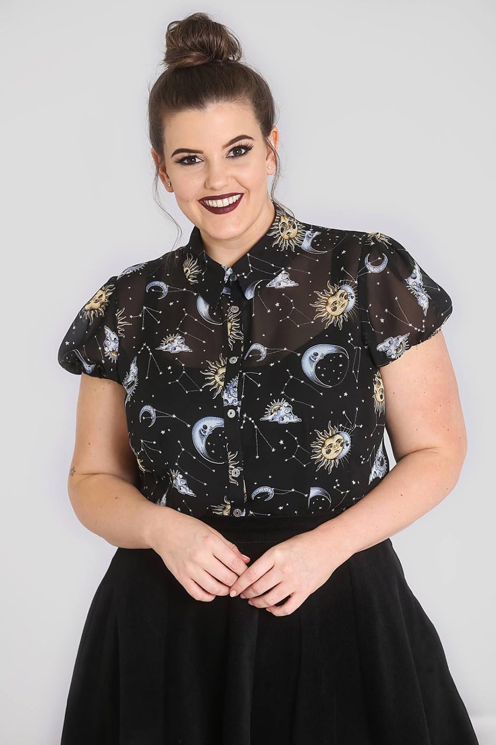 Hell Bunny Solaris Sun Moon Stars Gothic Wicca Chiffon Blouse - Vintage Boho Witchy Top for Women (XS-4XL) | Perfect for Halloween, Pagan Festivals & Dark Academia Outfits