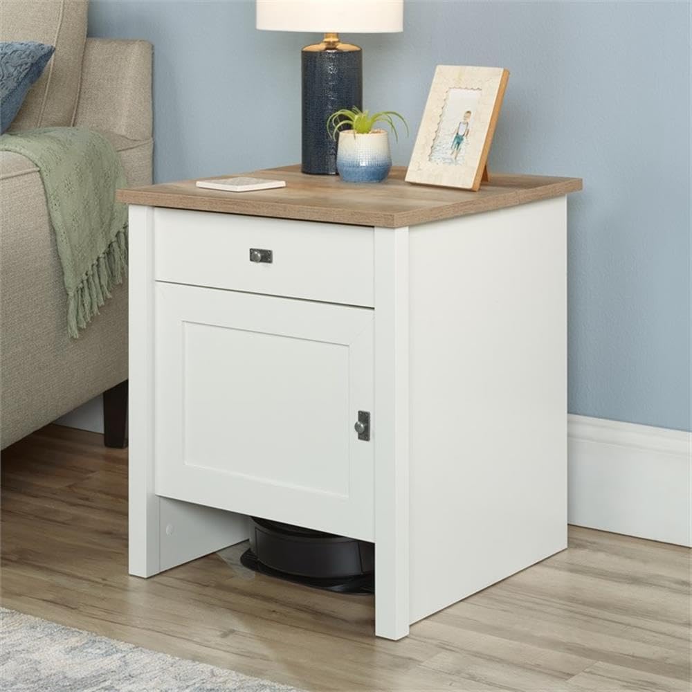 Sauder HomePlus Robot Vacuum Storage Side Table - Soft White End Table with Cabinet for Living Room & Bedroom - Perfect for Organizing Cleaning Supplies & Home Decor