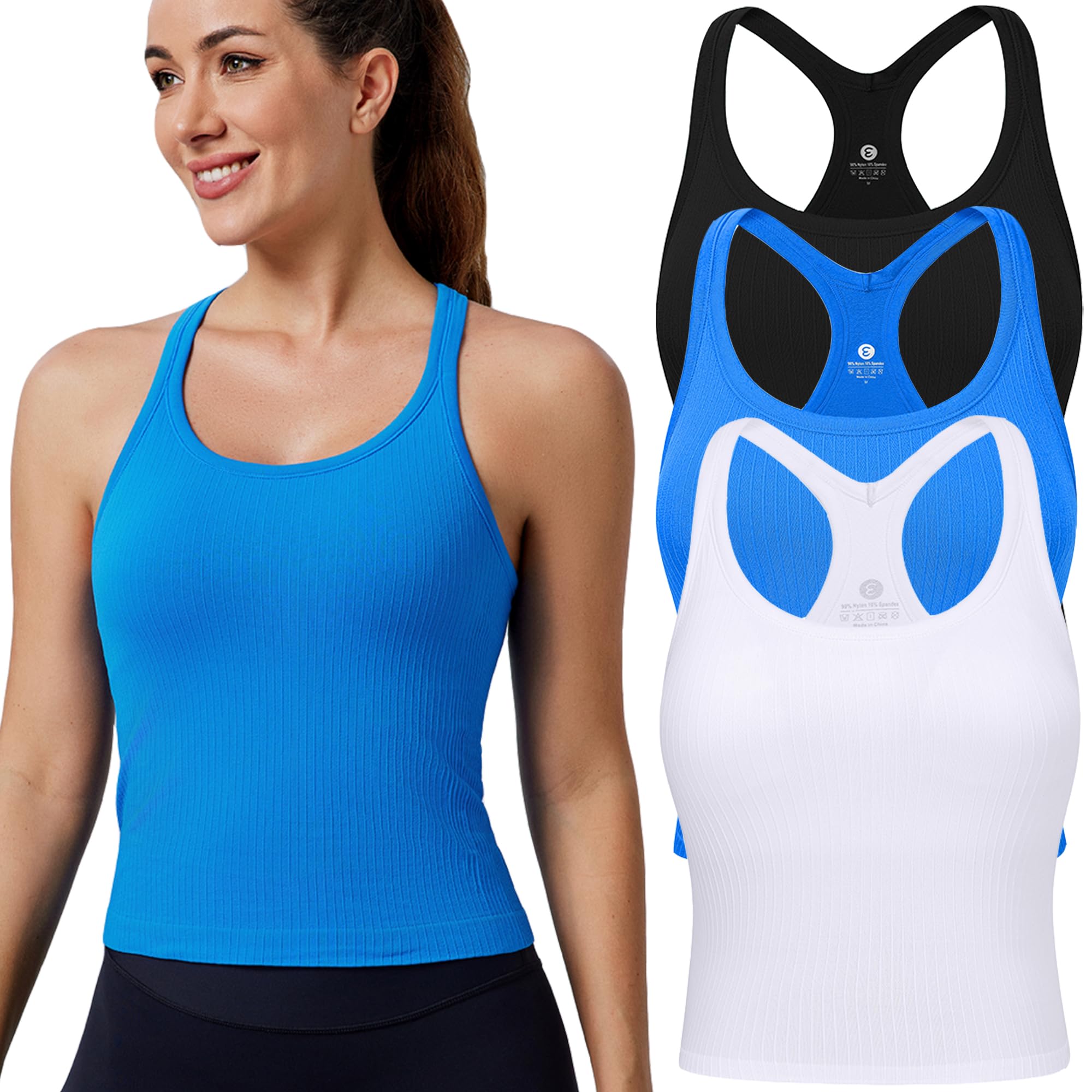 Evercute Women's 1/2/3 Pack Ribbed Workout Tank Tops with Built-in Bra - Racerback Seamless Crop Camisole for Yoga, Gym & Running | Athletic Sports Tanks for Women