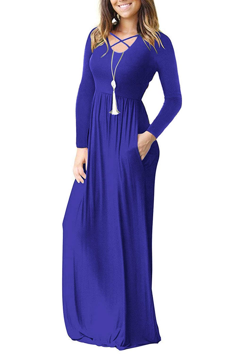 LILBETTER Women's Long Sleeve Maxi Dress - Loose Fit Casual Plain Long Dress with Pockets | Perfect for Everyday Wear, Beach Cover Up & Travel Outfits