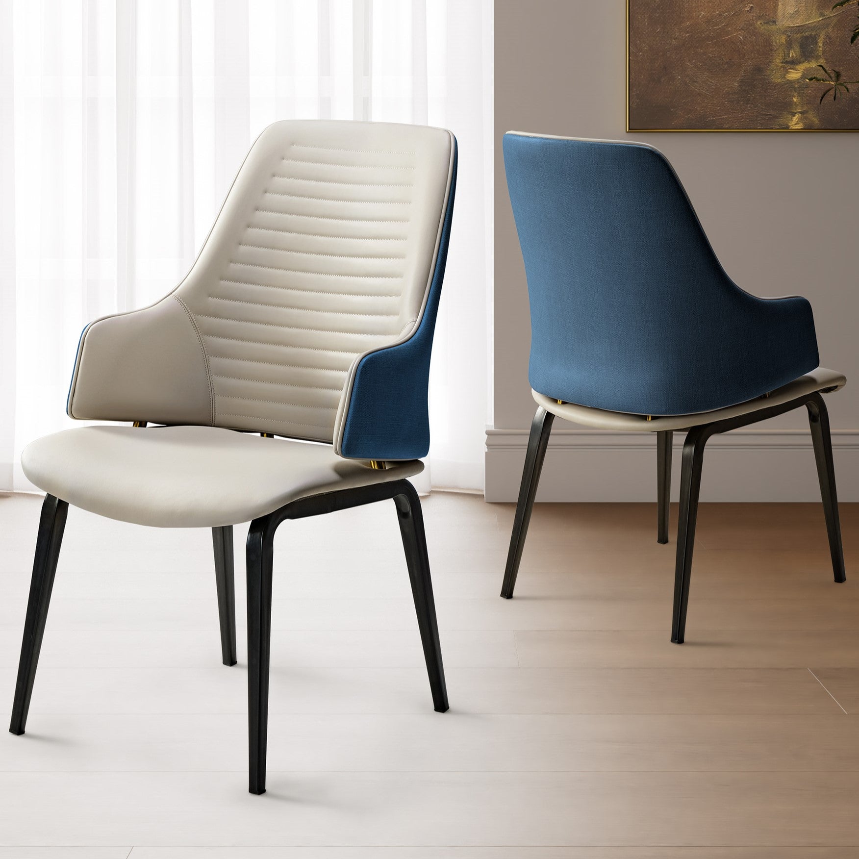 Juliet Dining Arm Chairs Set of 2 - Brown & Blue Upholstered Kitchen Chairs for Dining Room, Breakfast Nook, or Home Office