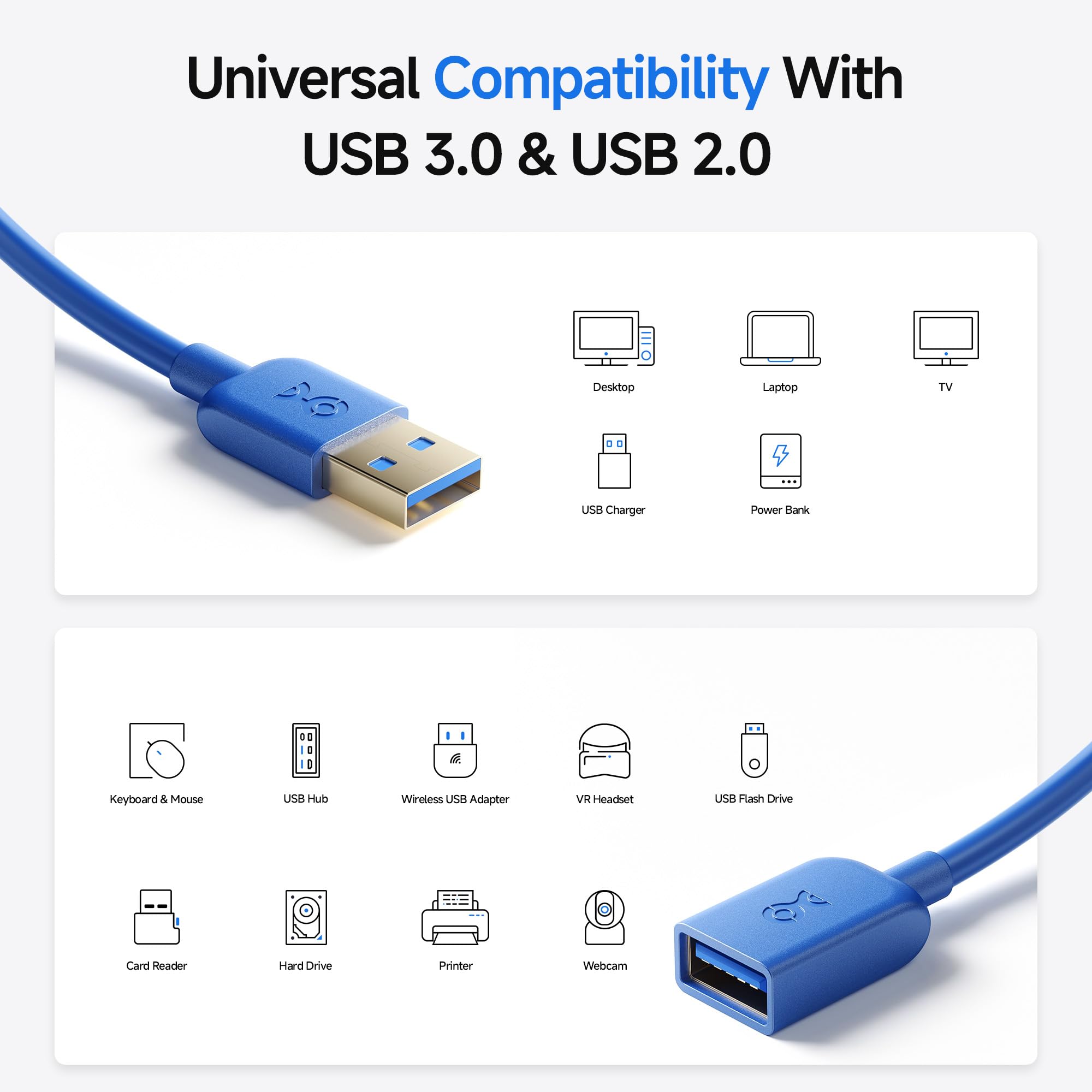 2-Pack USB 3.0 Extension Cable 3ft (5Gbps) - Male to Female Extender for Webcam, VR Headset, Printer & External Hard Drive | High-Speed Data Transfer for Gaming, Streaming & Office Work
