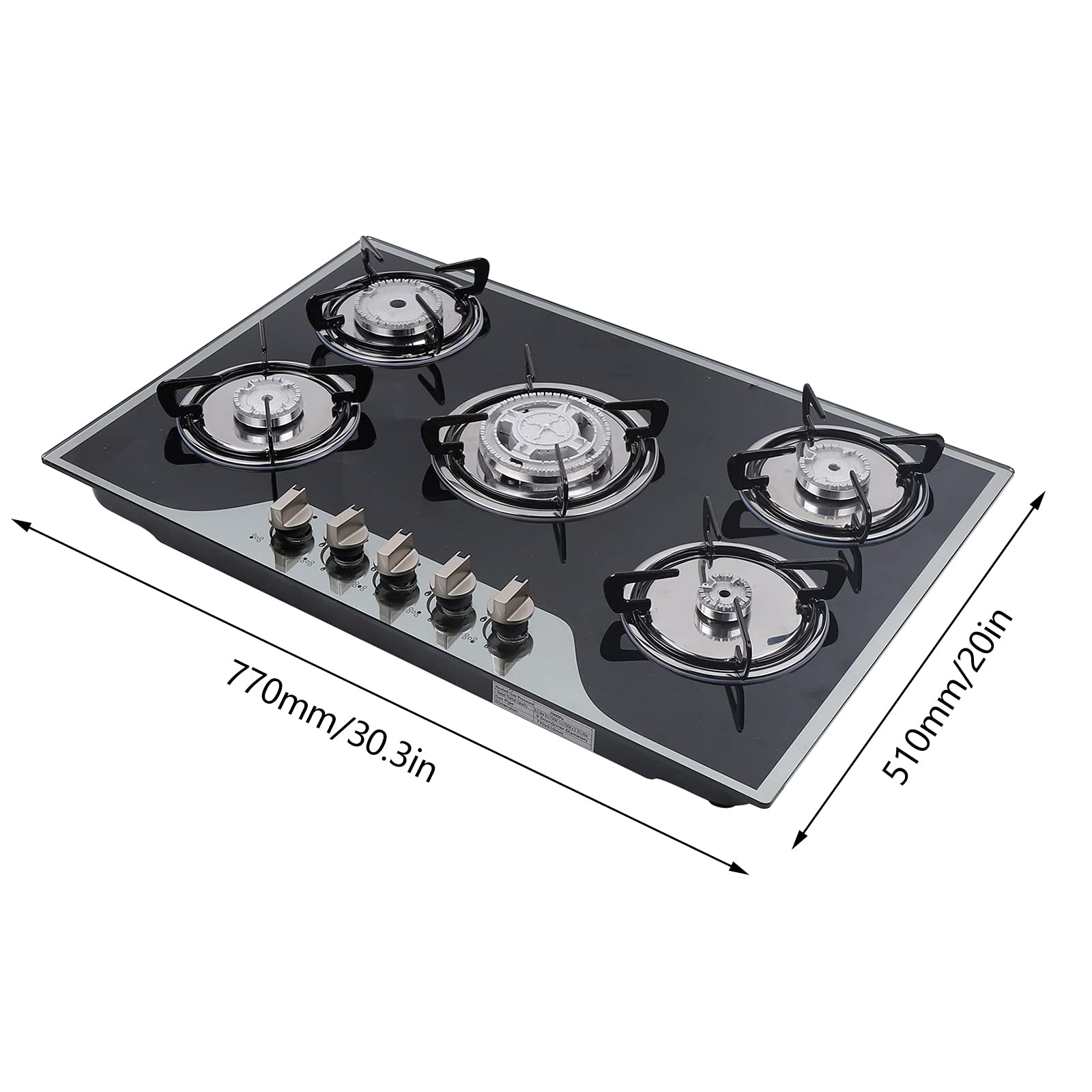 30.3 Inch 5-Burner Built-In Gas Cooktop - LPG/NG Convertible Tempered Glass Stovetop for Modern Kitchens | Perfect for Home Cooking, Entertaining & Professional Chefs