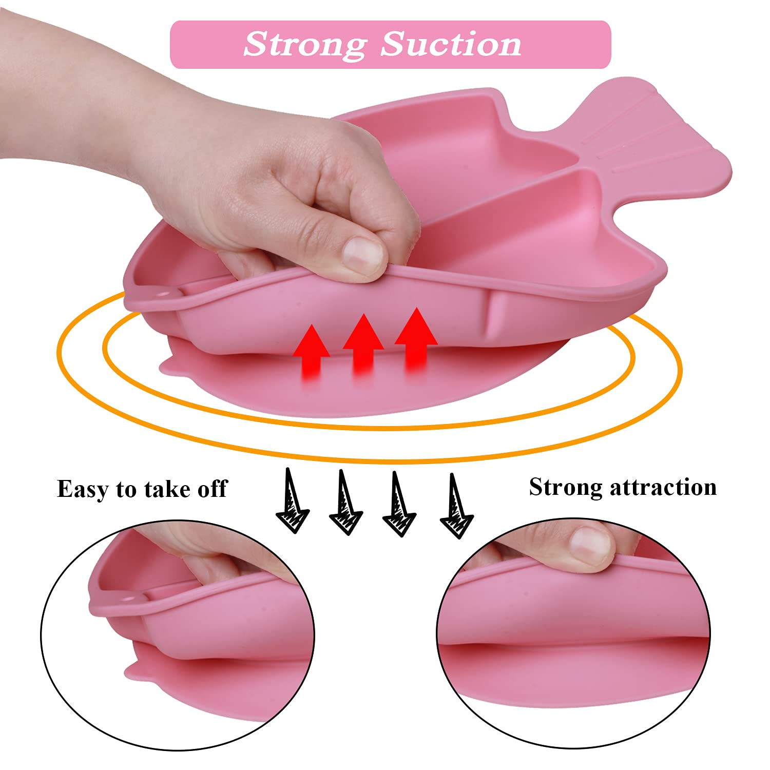 **Baby Feeding Dish Set with Spoon & Fork - 3-Piece Divided Silicone Suction Plates for Toddlers & Kids - BPA-Free, Microwave & Dishwasher Safe - Pink Fish Design - Perfect for Home, Travel & Daycare Use**