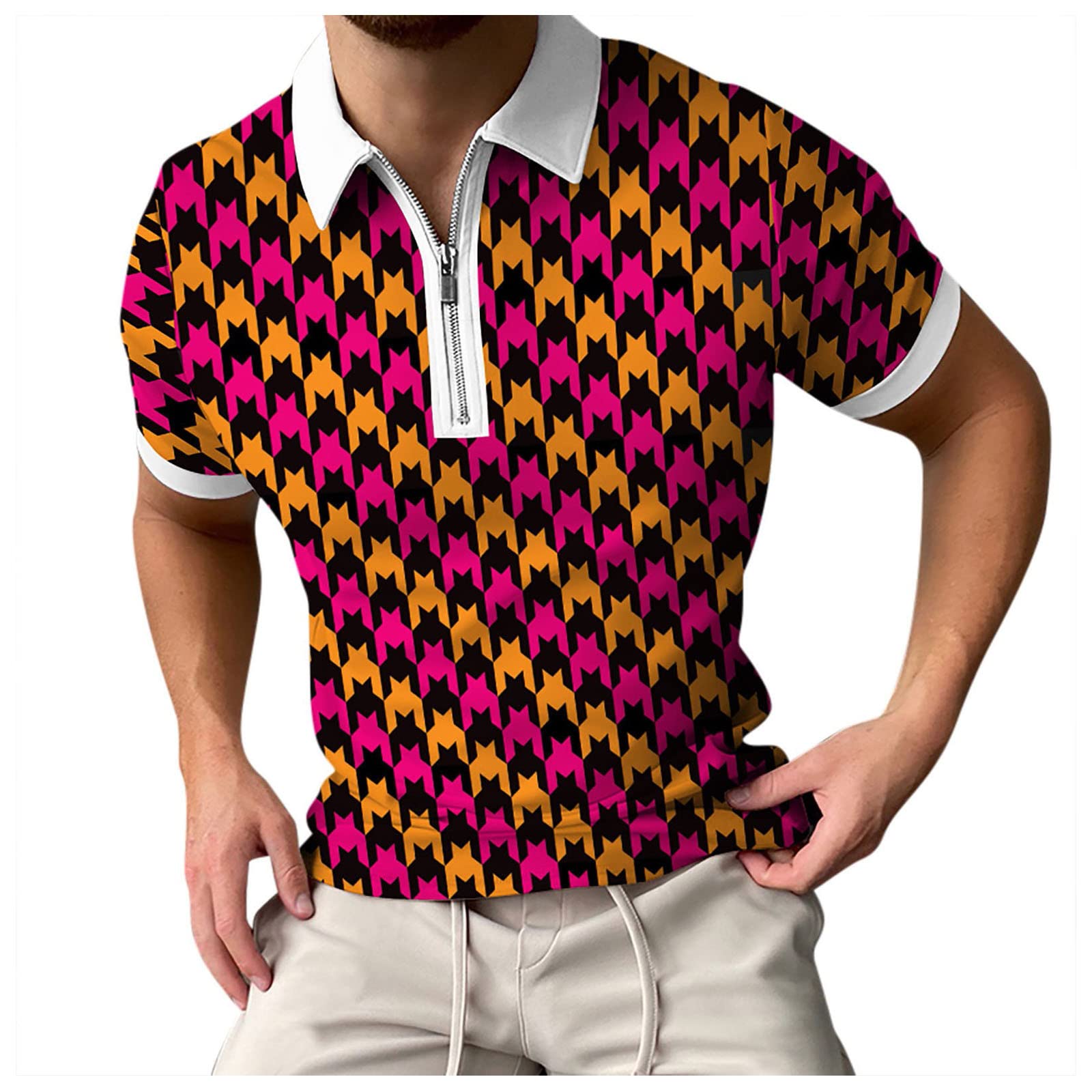 Men's Houndstooth Print Short Sleeve Zipper Dress Shirt - Casual & Formal Button Down Top for Spring Summer | Office Wear, Date Night, Business Casual Outfits