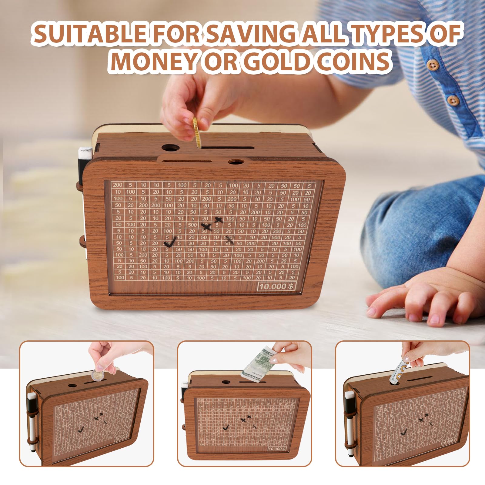 Wooden Cash Vault Savings Box with Money Target & Numbers - $10,000 Savings Challenge for Kids & Adults | Piggy Bank Alternative for Home, Office & Gift Giving