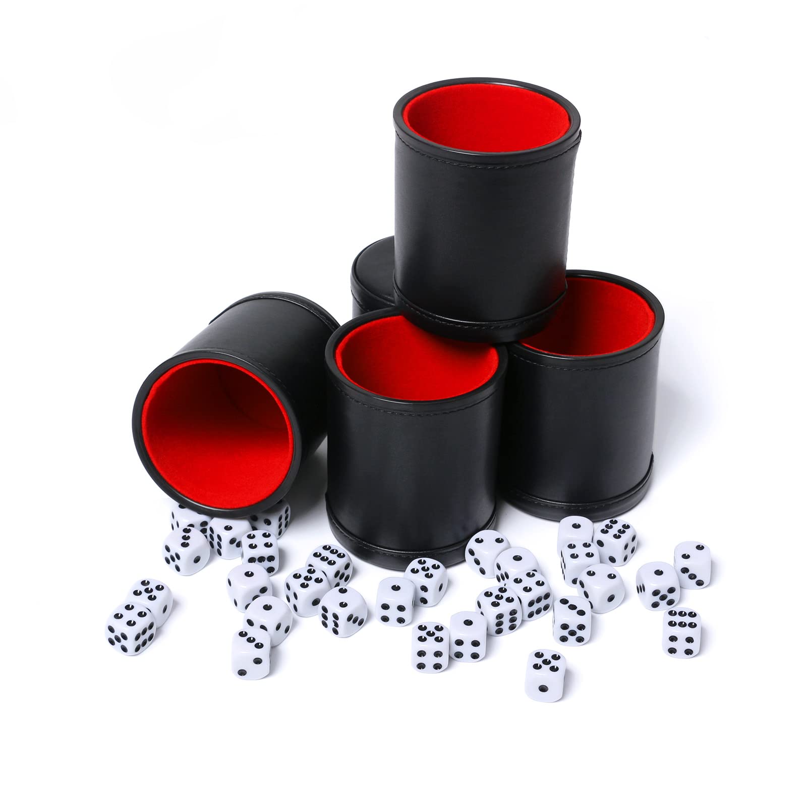 Premium Leatherette Dice Cup Set - 5 Pack with 6 Red Felt-Lined Dot Dices for Yahtzee, Farkle & Bar Party Games | Perfect for Family Game Nights, Casino Parties & Tabletop Gaming