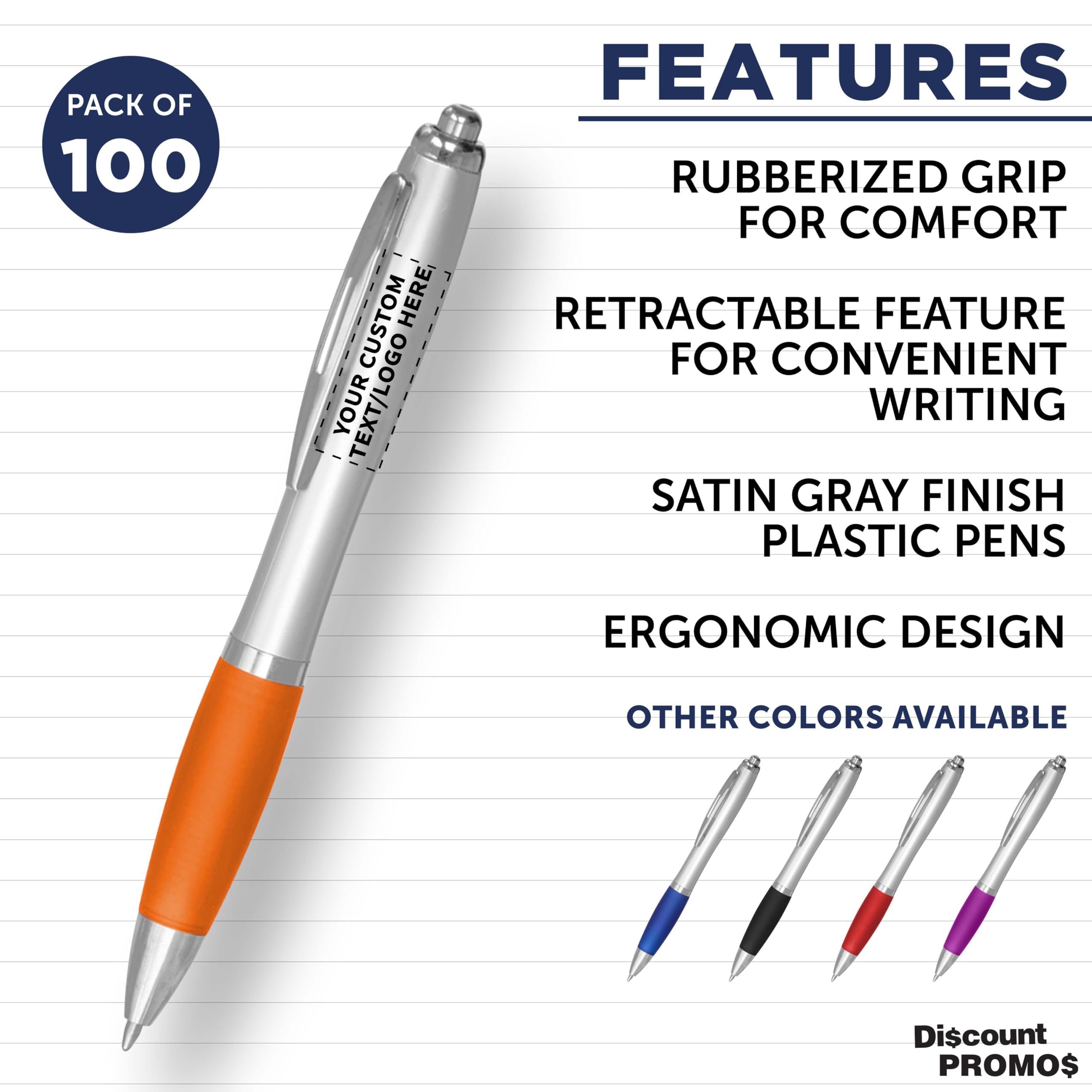 Customizable Ergonomic Ballpoint Pens with Rubber Grip - 100 Pack Personalized Click-to-Write Pens with Black Ink (Orange Barrel) for School, Office & Business Promotions - Bulk Custom Pens for Students, Teachers & Corporate Gifts