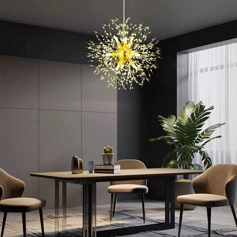 9-Light Gold Crystal Chandelier - Modern Firework Dandelion Ceiling Light Fixture for Dining Room, Bedroom, Hallway | Elegant Lighting for Weddings, Restaurants & Home Decor