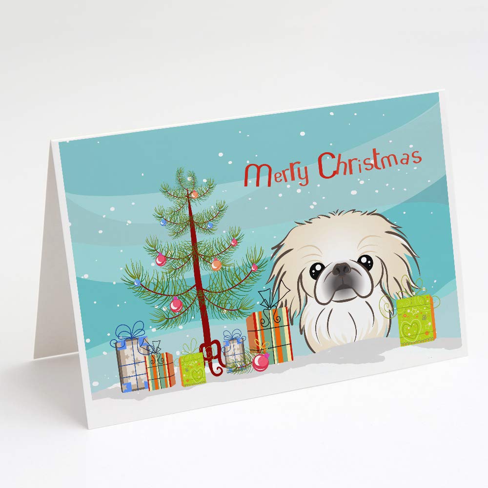 Christmas Tree and Pekingese Greeting Cards - Pack of 8 Blank A7 Size (5x7) Note Cards with Envelopes | Whimsical Holiday Stationery for Christmas Greetings, Party Invitations & Festive Correspondence
