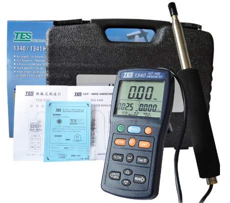 TES-1340 Hot Wire Thermo Anemometer - Digital HVAC Air Flow Velocity Tester & Wind Speed Meter for HVAC, Duct, Ventilation, and Industrial Applications
