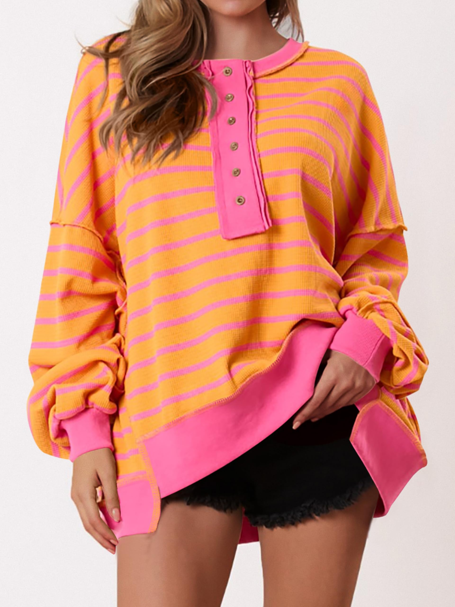 PRETTYGARDEN Women's Oversized Striped Sweatshirt - Long Sleeve Henley Neck Button Up Waffle Knit Pullover Tunic Top for Fall 2025 | Casual Outfit, Layering Essential & Cozy Loungewear