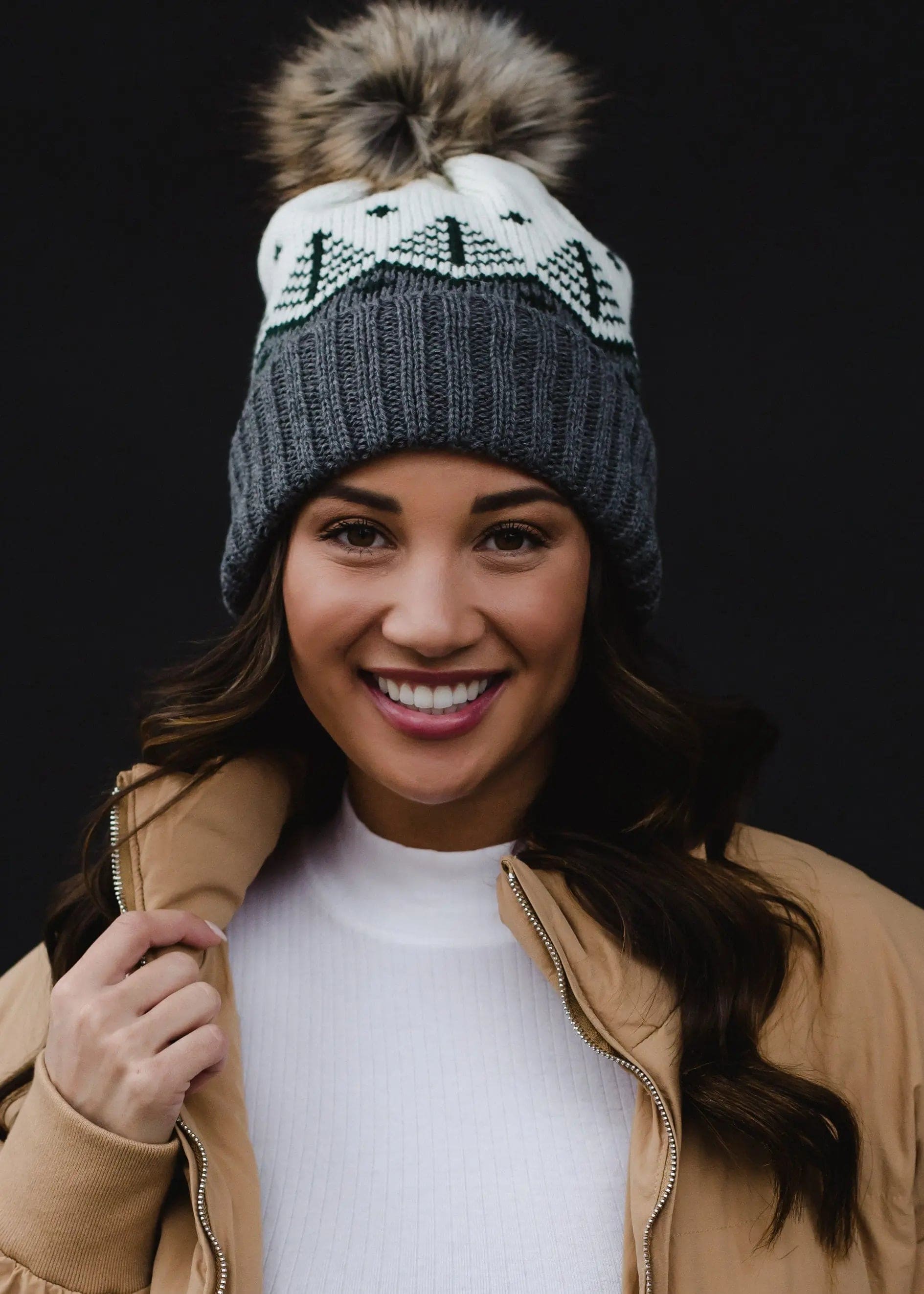 Gray White and Green Pom Beanie - Soft Knit Winter Hat for Women & Men - Cozy Outdoor Accessory for Skiing, Snowboarding & Cold Weather