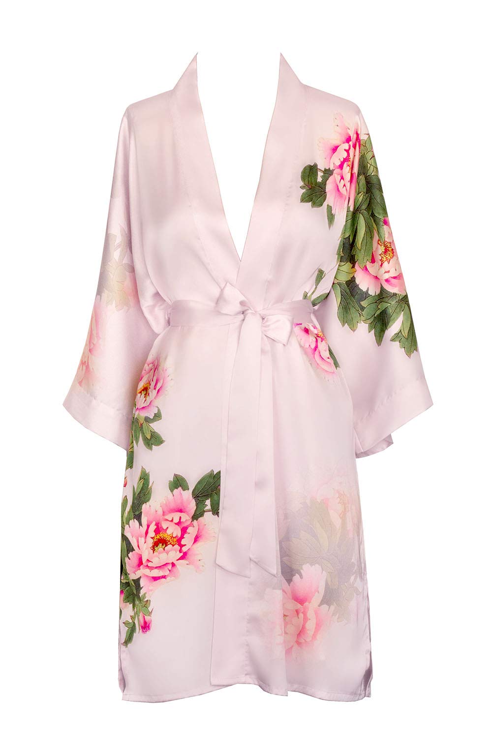 KIM+ONO Women's Short Charmeuse Kimono Robe - Watercolor Floral Design | Lightweight Loungewear for Spa, Beach Cover-Up & Home Relaxation