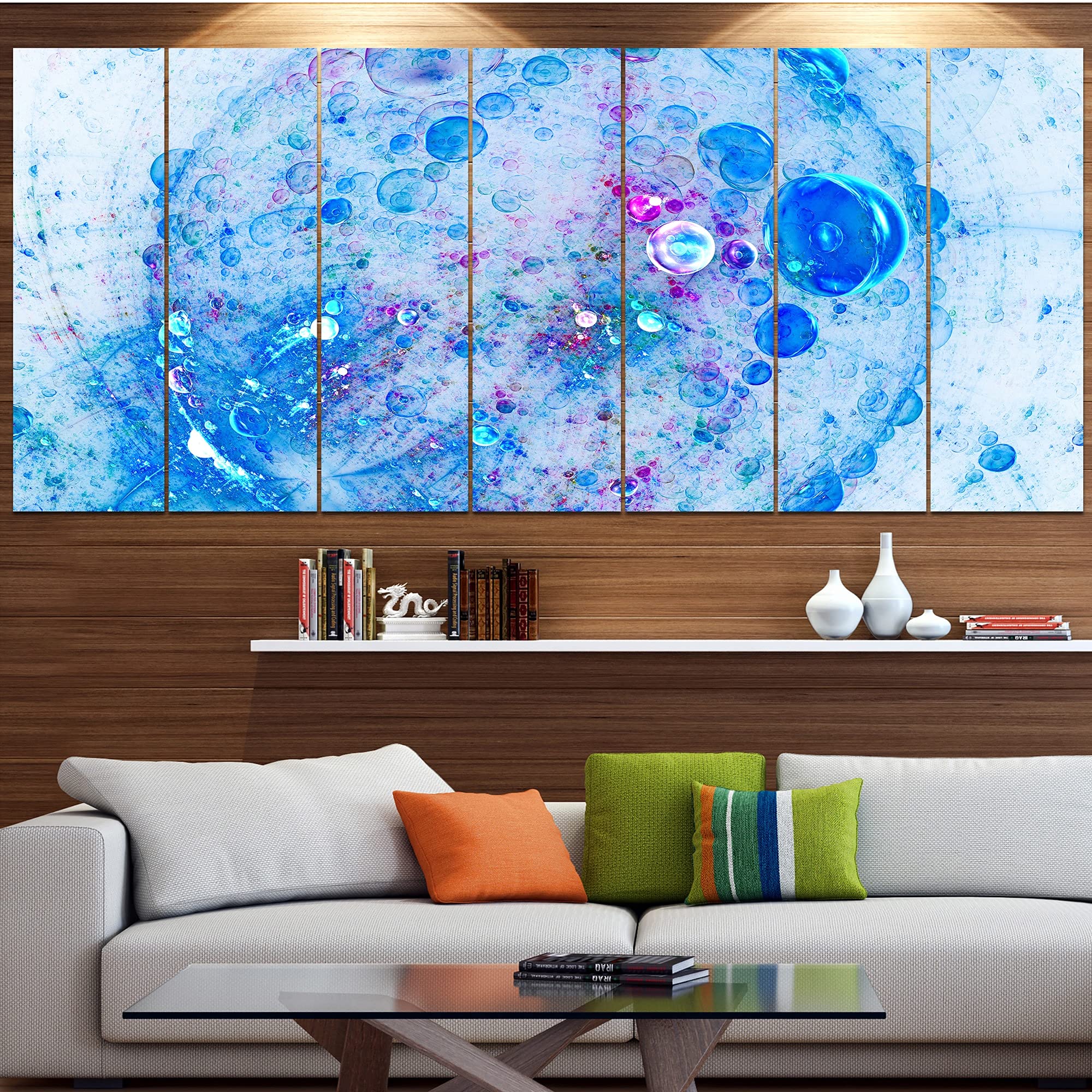 Blue Fractal Planet of Bubbles Abstract Wall Art Canvas - 70x28 Inch 6-Panel Modern Home Decor for Living Room, Bedroom & Office | Large Contemporary Artwork for Wall Decor