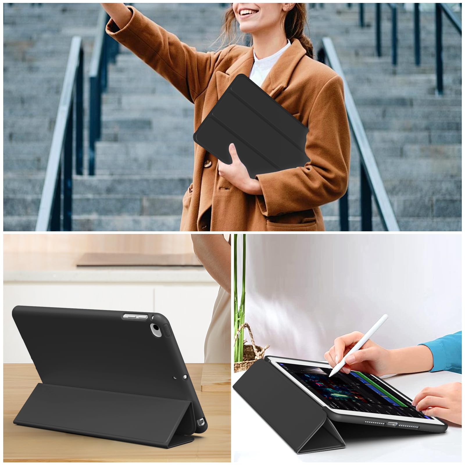 Aoub Slim Lightweight Smart Cover Case for iPad 9.7 Inch (6th/5th Gen 2018/2017, iPad Air 2 & Air 1 2014/2013) - Soft TPU Back Protective Case with Auto Sleep/Wake Function - Black | Perfect for Work, School & Travel Protection